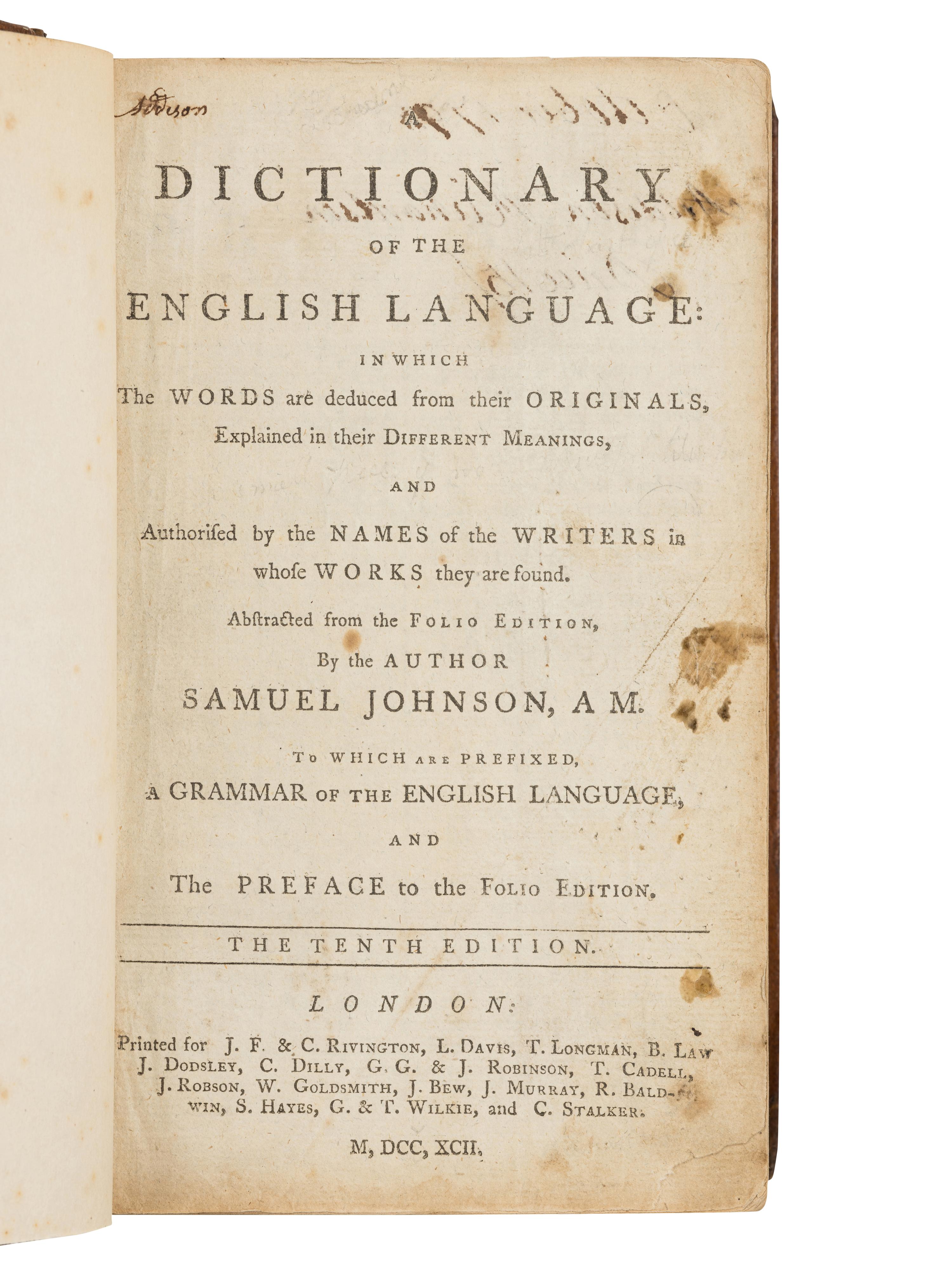 JOHNSON, Samuel (1709-1784). A Dictionary of the English Language . London: J.F. & C. Rivington et al, 1792.