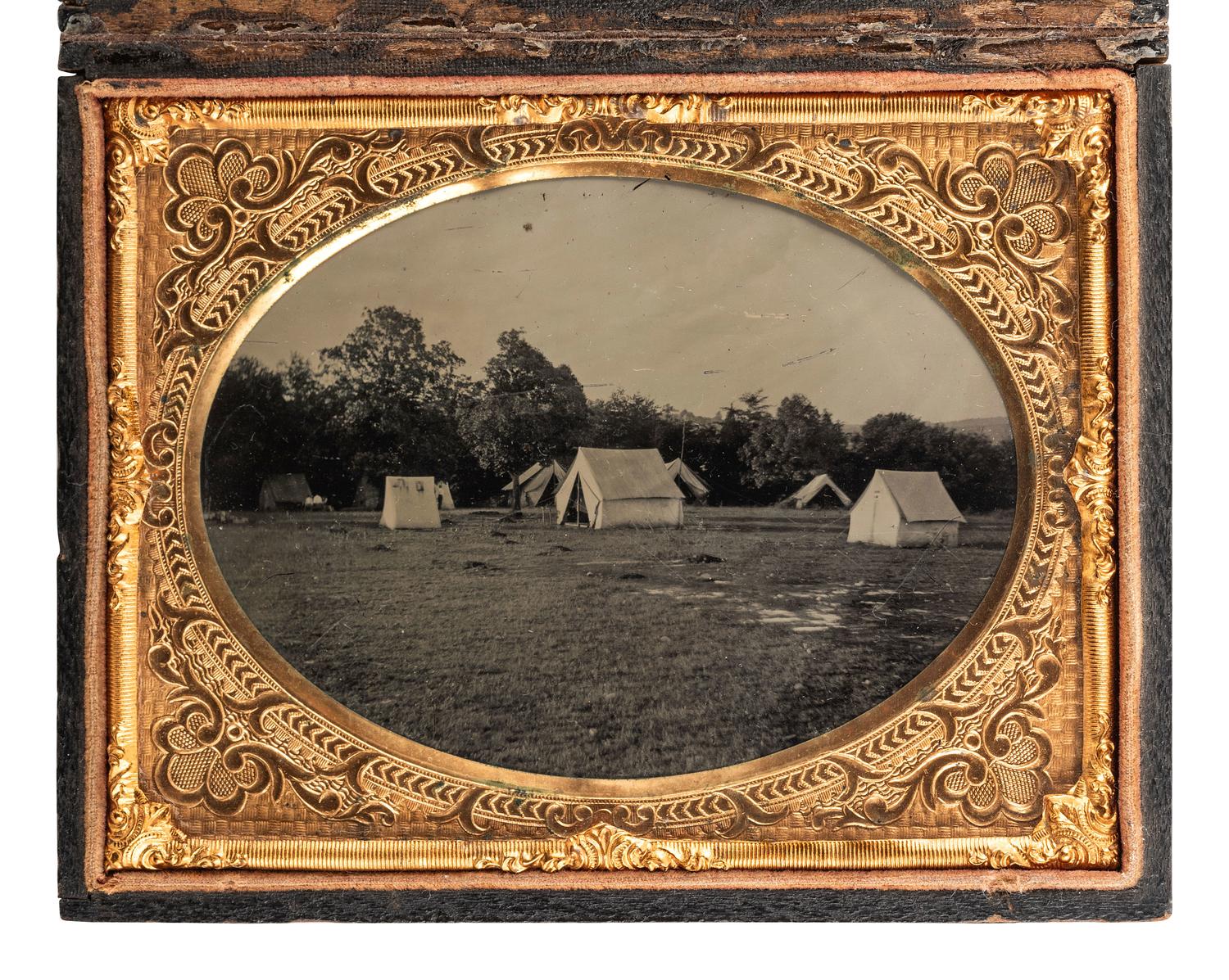 [CIVIL WAR]. Quarter plate ambrotype of an unidentified camp scene.