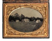 [CIVIL WAR]. Quarter plate ambrotype of an unidentified camp scene.