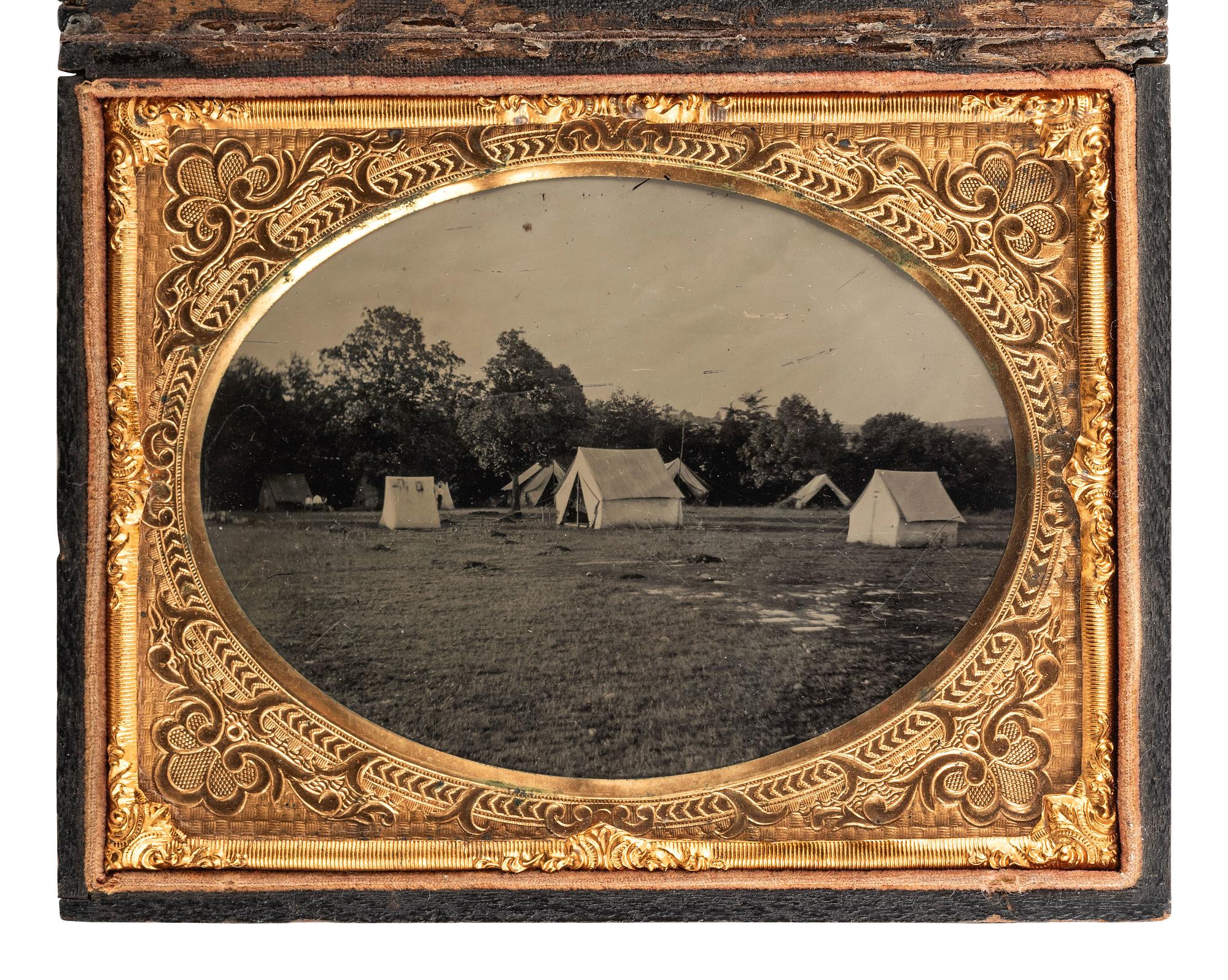 [CIVIL WAR]. Quarter plate ambrotype of an unidentified camp scene.
