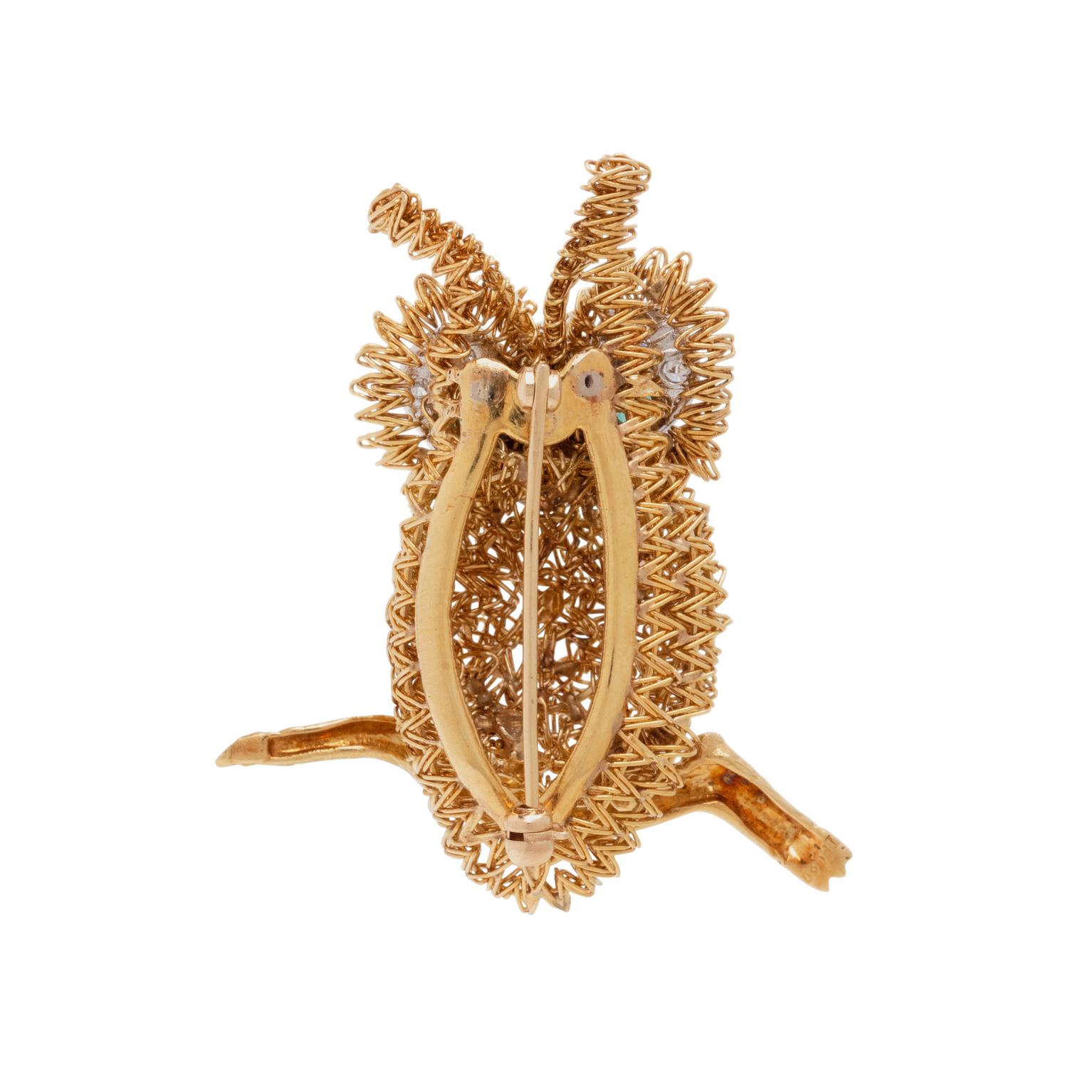EMERALD AND DIAMOND OWL BROOCH