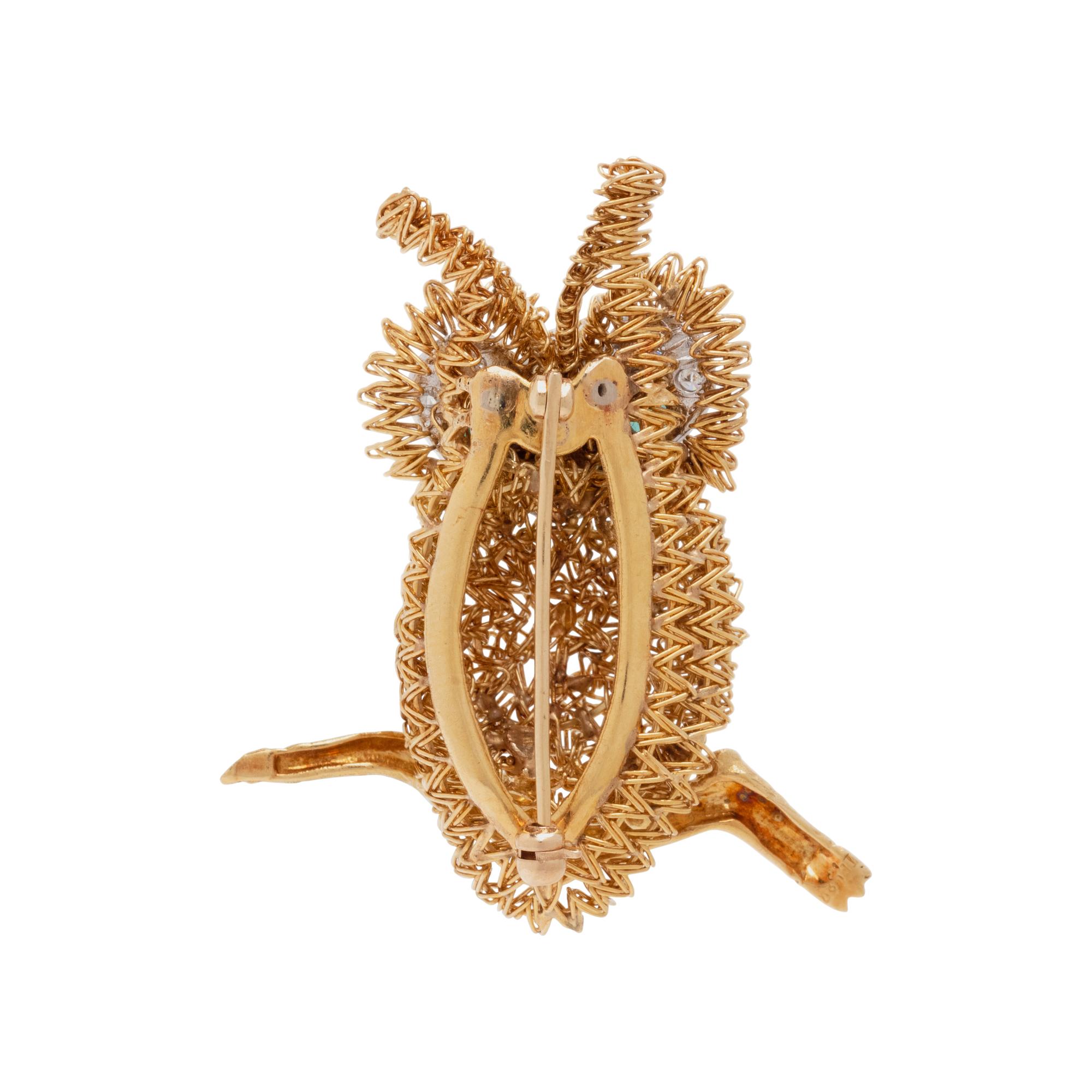 EMERALD AND DIAMOND OWL BROOCH