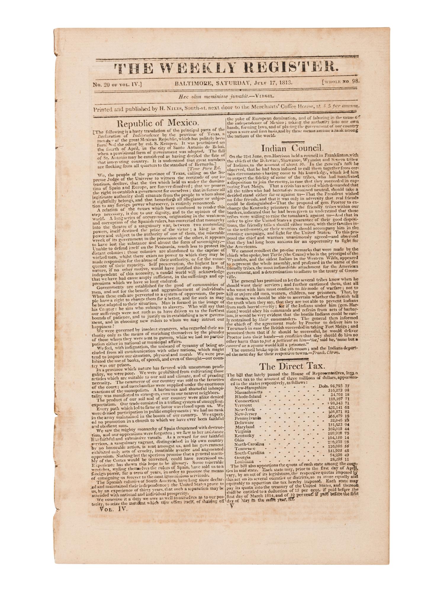 [NEWSPAPER - TEXAS NEWS - THE ALAMO]. Niles Weekly Register . Vol. 49 (September 5, 1835-February 27, 1836); [with] Vol. 51 (September 3, 1836-February 25, 1837); [and] Vol. 52 (March 4, 1837-August 26, 1837). Baltimore, 1835-1837.