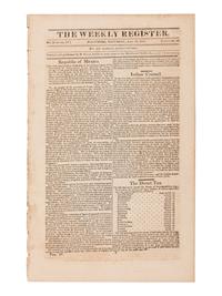 [NEWSPAPER - TEXAS NEWS - THE ALAMO]. Niles Weekly Register . Vol. 49 (September 5, 1835-February 27, 1836); [with] Vol. 51 (September 3, 1836-February 25, 1837); [and] Vol. 52 (March 4, 1837-August 26, 1837). Baltimore, 1835-1837.