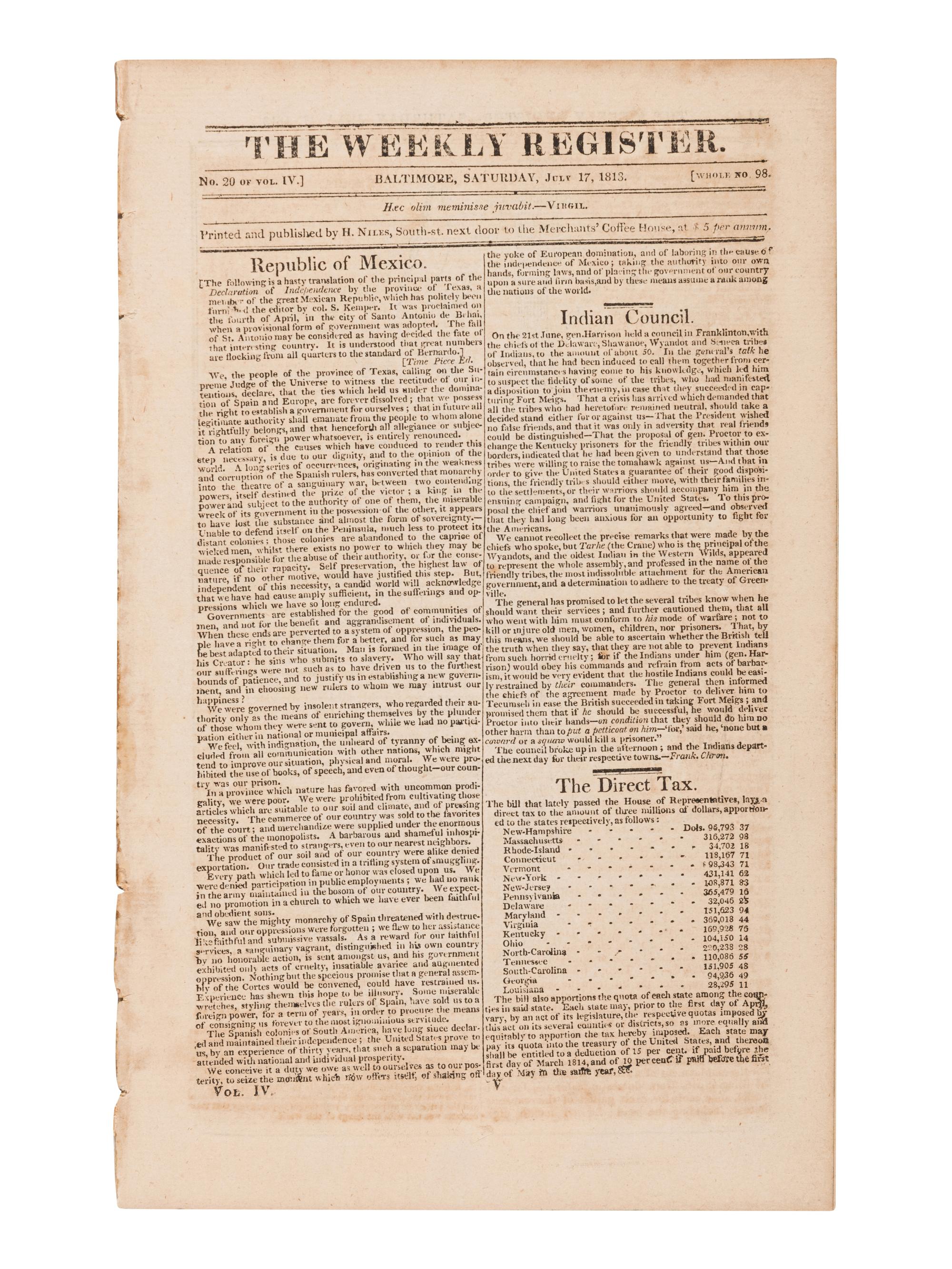 [NEWSPAPER - TEXAS NEWS - THE ALAMO]. Niles Weekly Register . Vol. 49 (September 5, 1835-February 27, 1836); [with] Vol. 51 (September 3, 1836-February 25, 1837); [and] Vol. 52 (March 4, 1837-August 26, 1837). Baltimore, 1835-1837.