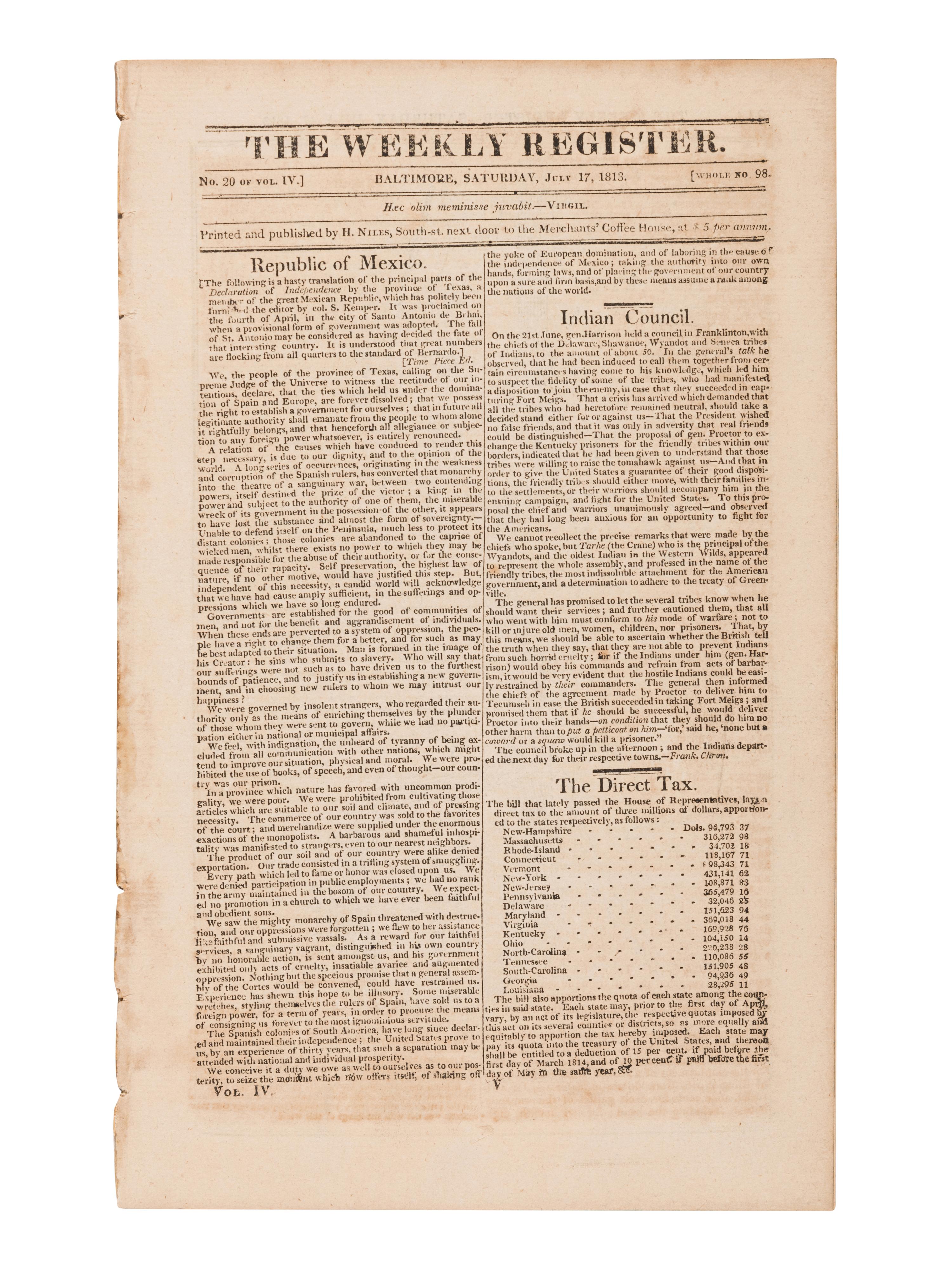 [NEWSPAPER - TEXAS NEWS - THE ALAMO]. Niles Weekly Register . Vol. 49 (September 5, 1835-February 27, 1836); [with] Vol. 51 (September 3, 1836-February 25, 1837); [and] Vol. 52 (March 4, 1837-August 26, 1837). Baltimore, 1835-1837.
