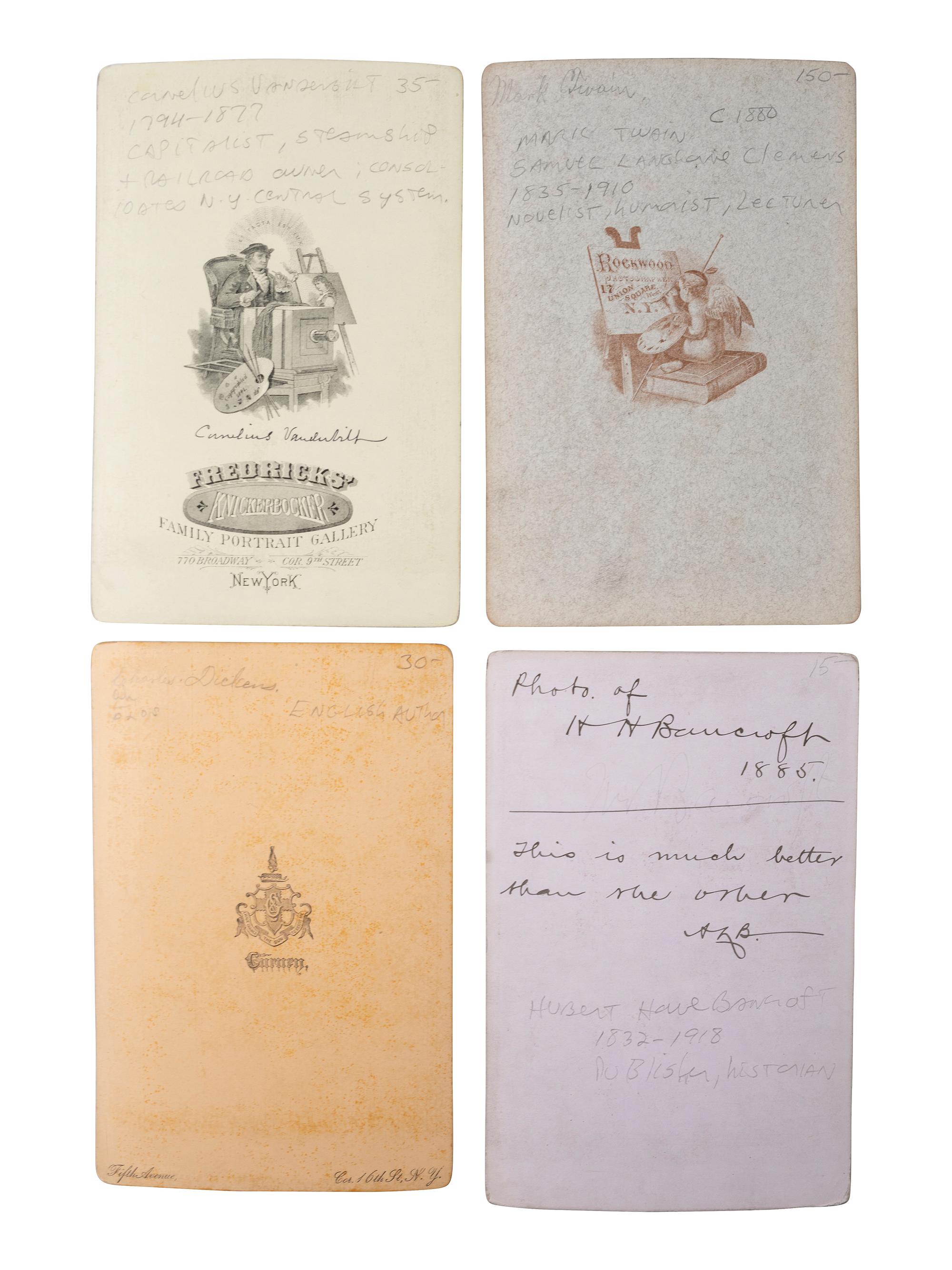 Cabinet cards featuring 19th-century writers, businessmen, and other notable personalities.