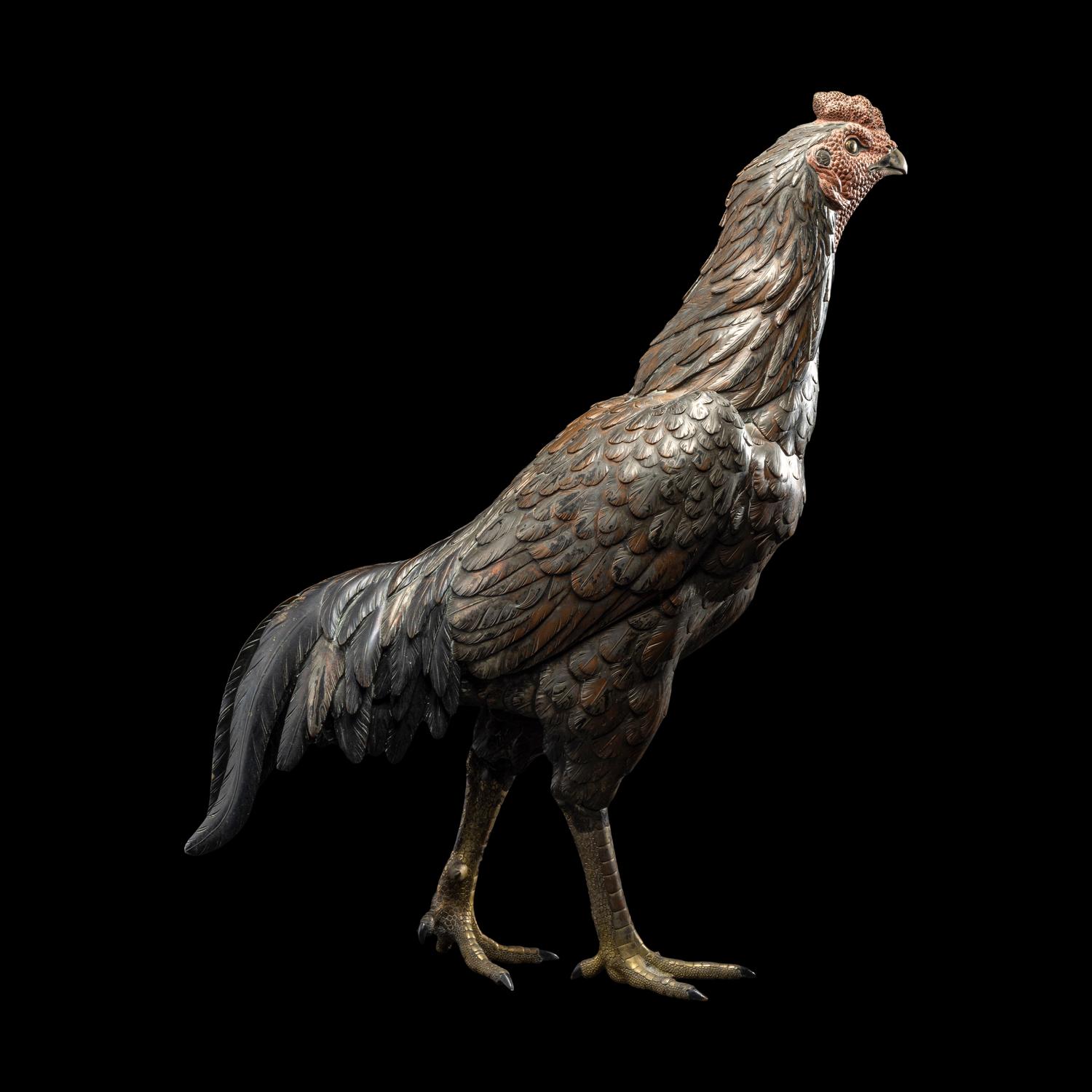 A Japanese Bronze Okimono of a Rooster, Meiji Period 日本明治時代 銅雕雄鷄