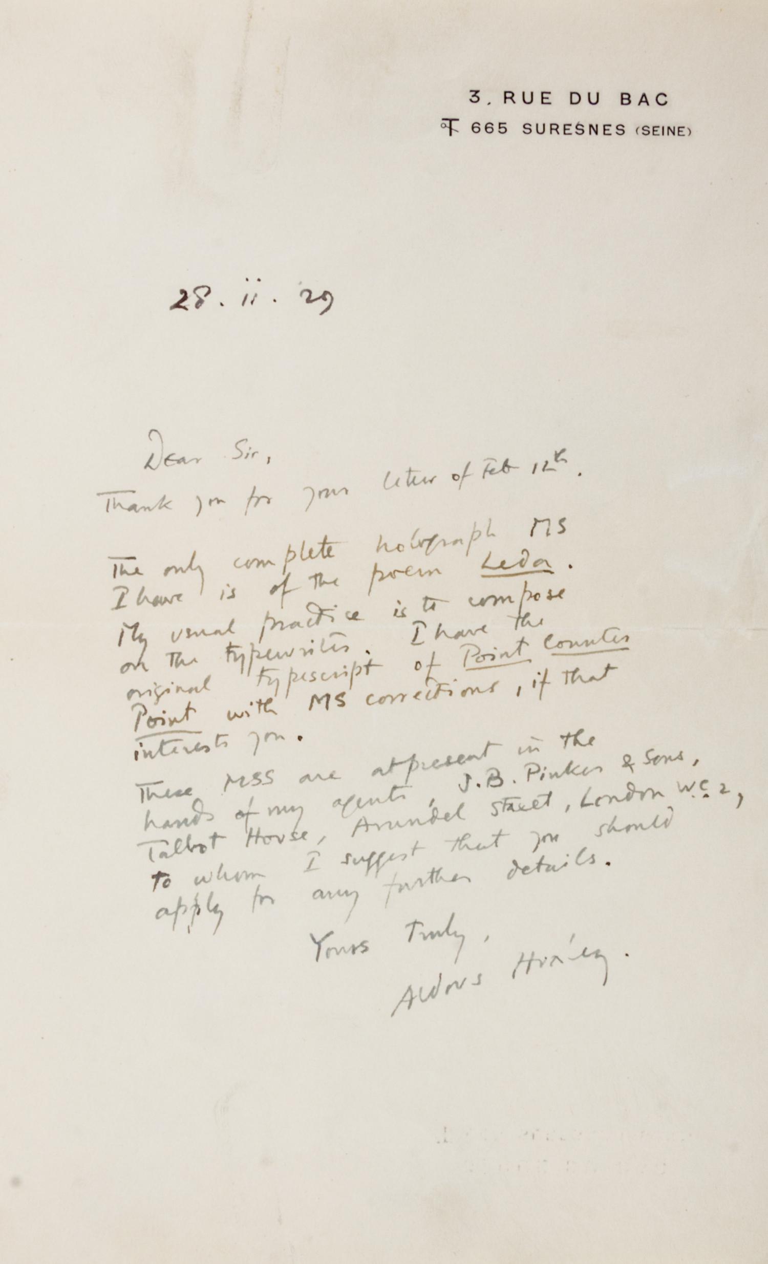 HUXLEY, ALDOUS. Autographed letter signed.