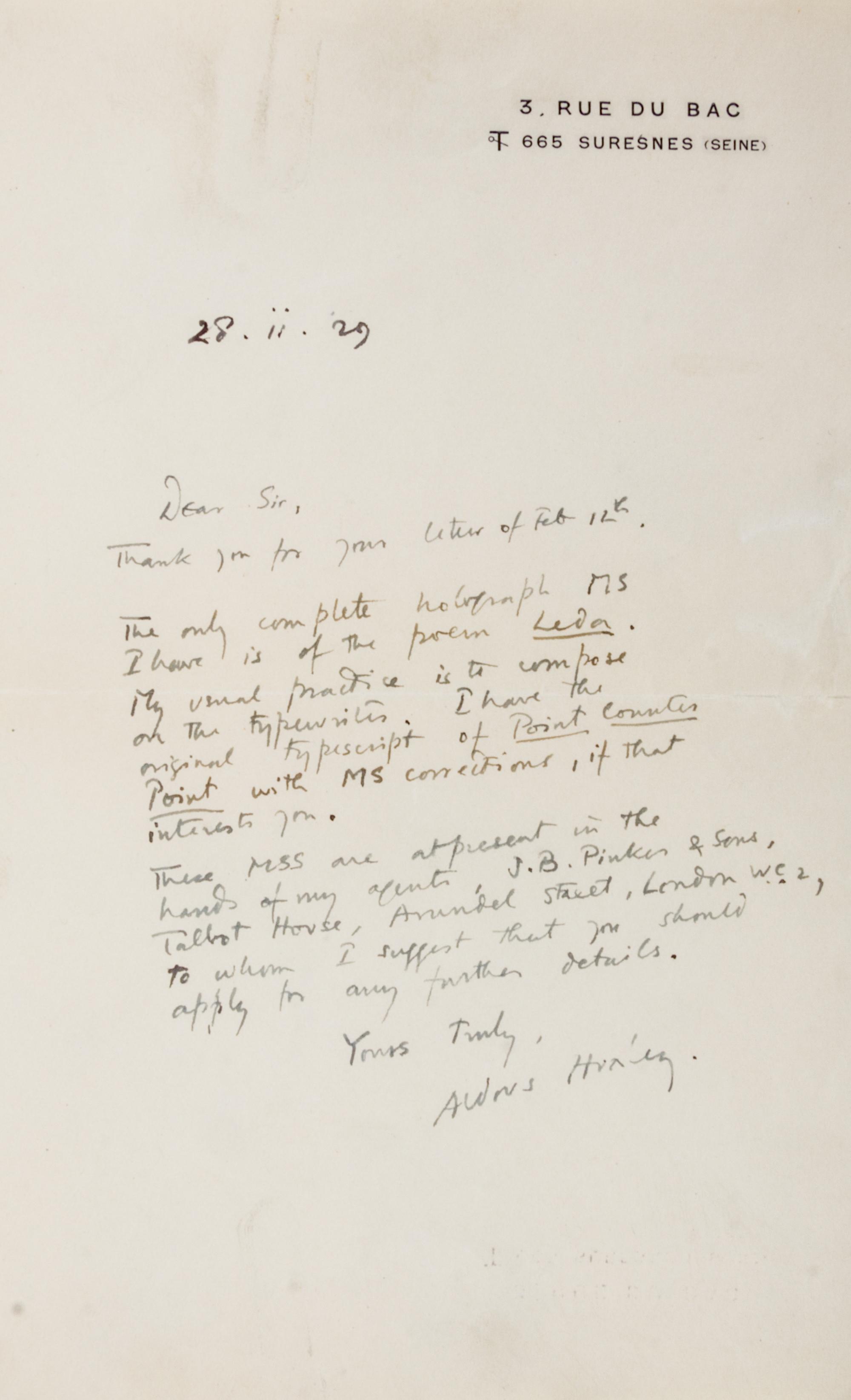 HUXLEY, ALDOUS. Autographed letter signed.
