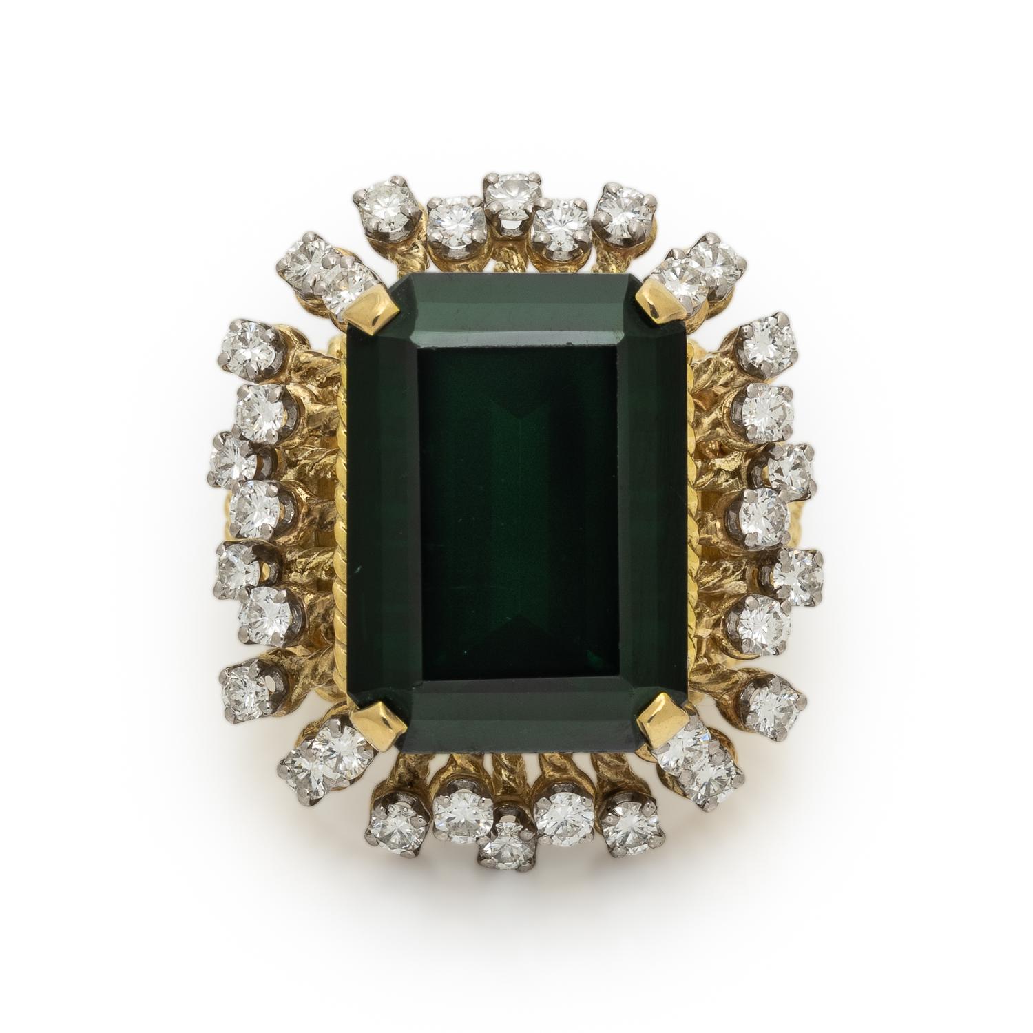 TOURMALINE, DIAMOND, AND YELLOW GOLD RING