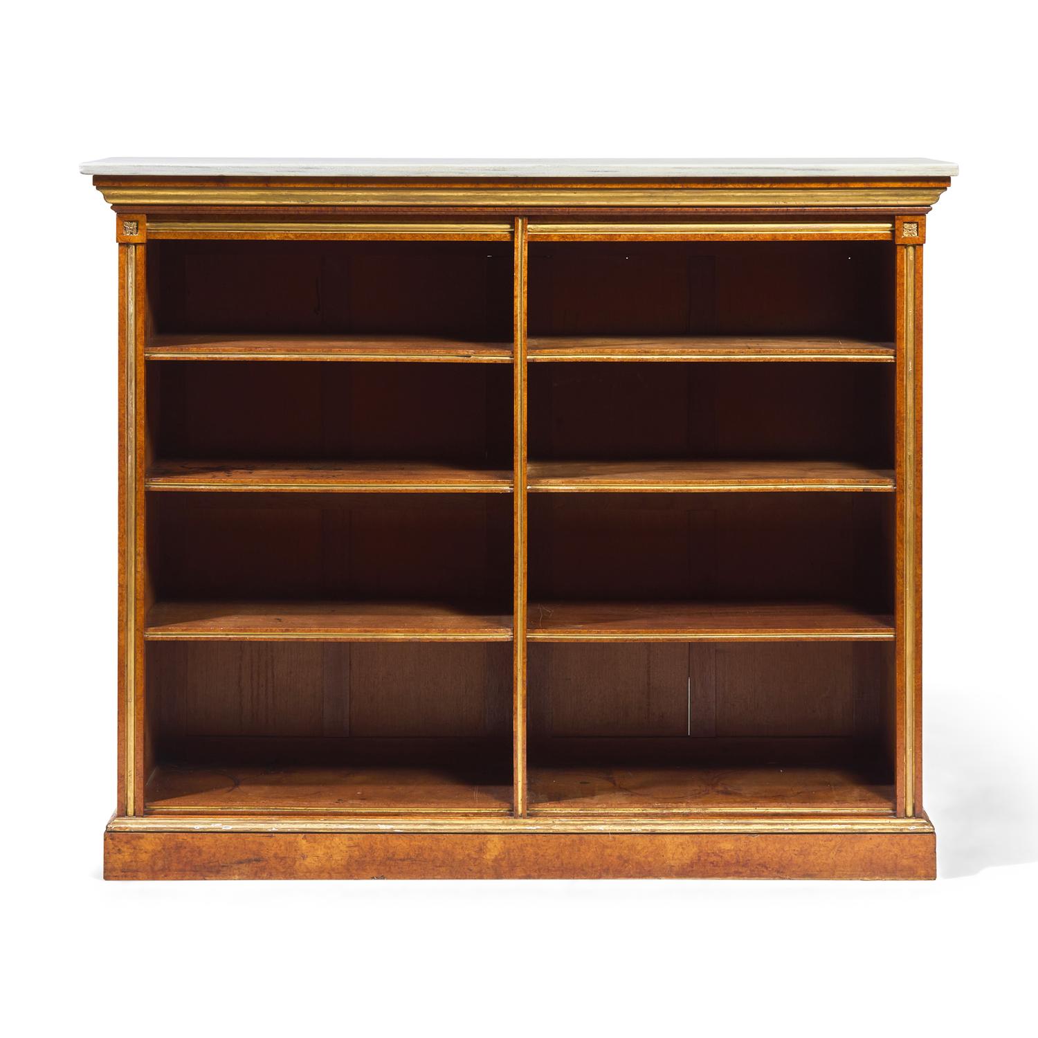 A Louis XVI Style Plum-Pudding Mahogany (Acajou Moucheté), Parcel-Gilt and Marble-Top Bookcase