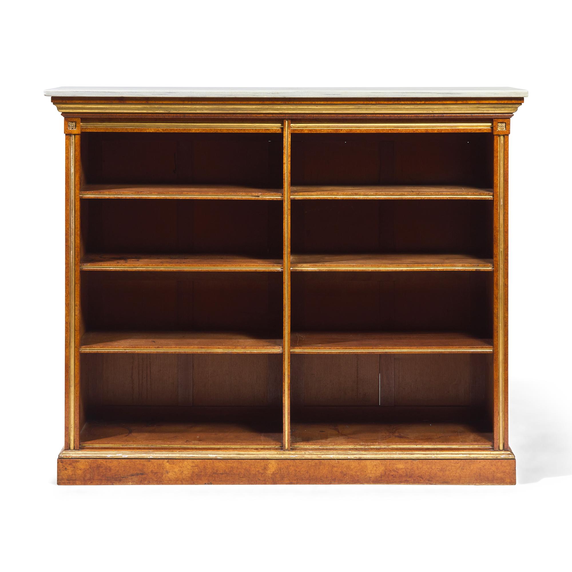 A Louis XVI Style Plum-Pudding Mahogany (Acajou Moucheté), Parcel-Gilt and Marble-Top Bookcase