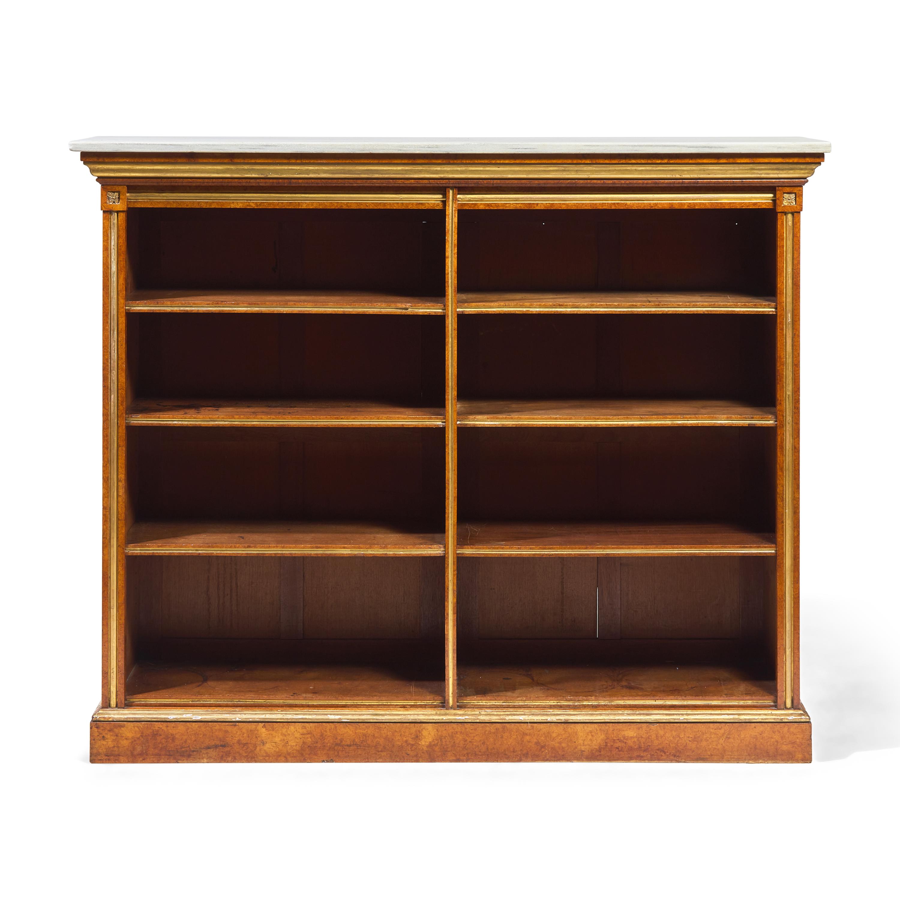 A Louis XVI Style Plum-Pudding Mahogany (Acajou Moucheté), Parcel-Gilt and Marble-Top Bookcase