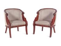 A Pair of Empire Style Carved Mahogany Swan's Neck Barrel Back Armchairs