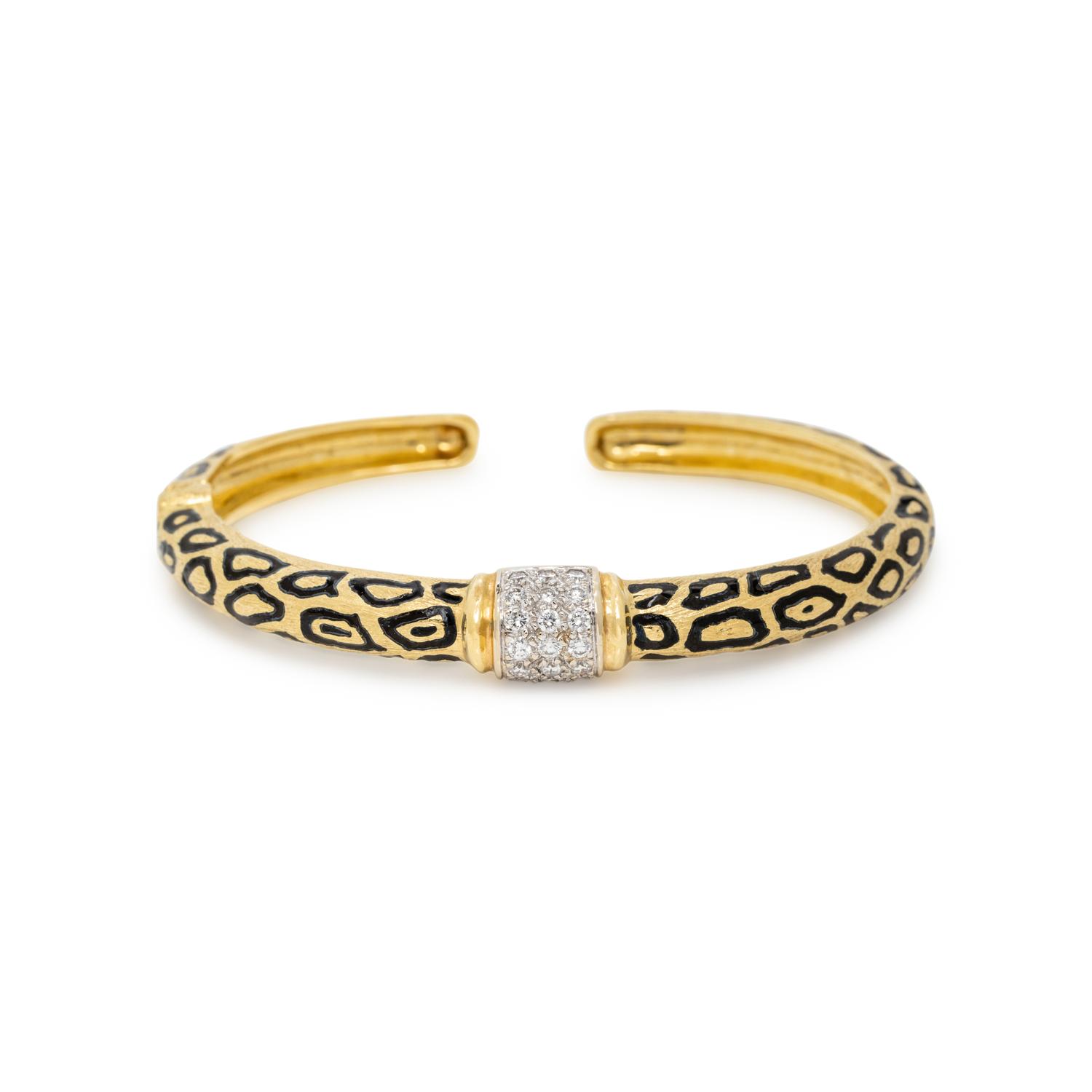 DIAMOND, ENAMEL, AND YELLOW GOLD LEOPARD PRINT CUFF BRACELET