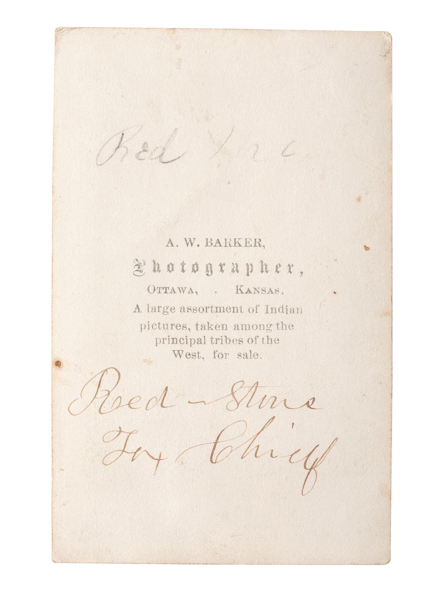 [NATIVE AMERICANS]. BARKER, A.W., photographer. Hand-colored CDV of Sac and Fox Chief, Red Stone. Ottawa, KS.