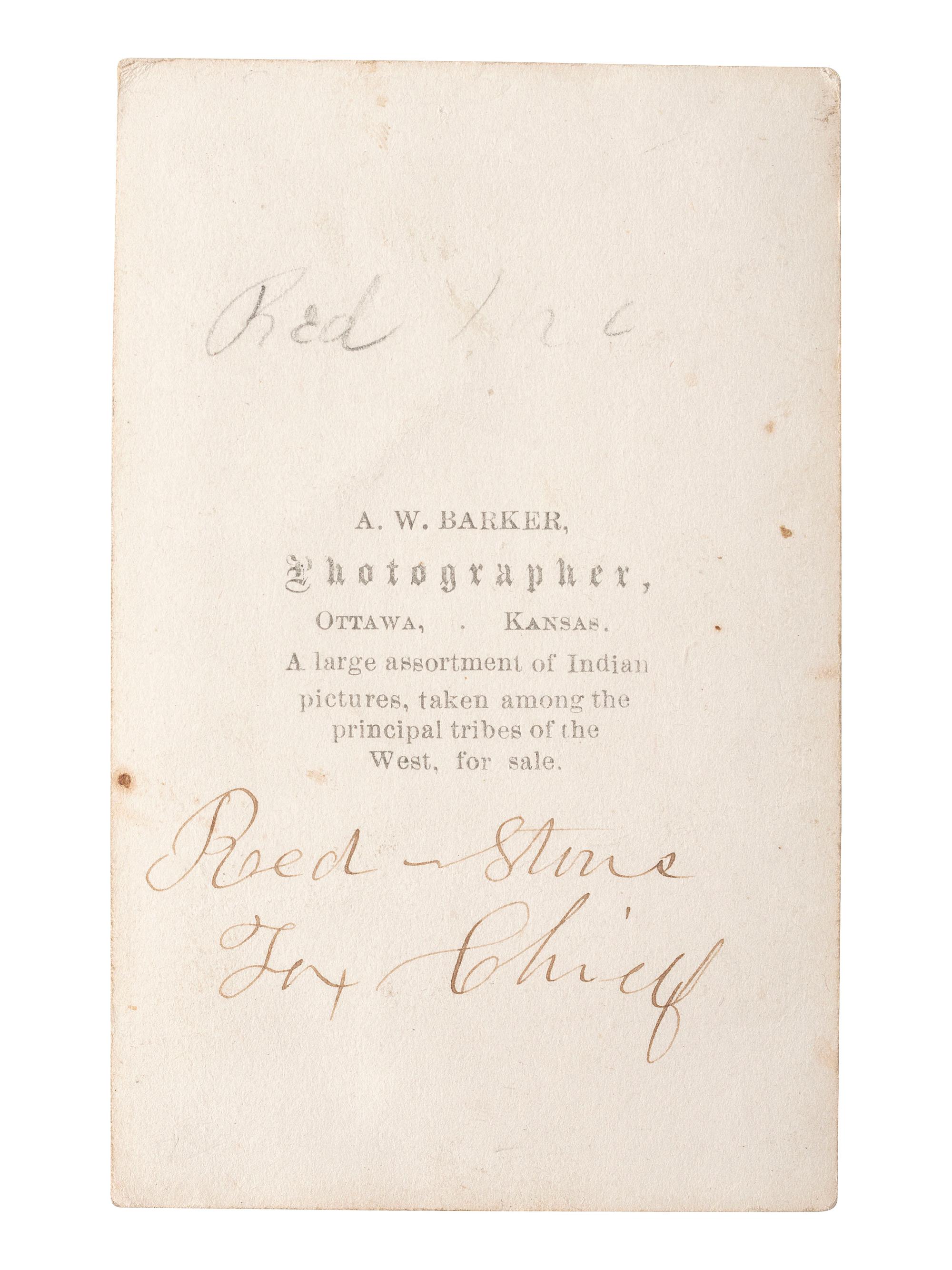 [NATIVE AMERICANS]. BARKER, A.W., photographer. Hand-colored CDV of Sac and Fox Chief, Red Stone. Ottawa, KS.