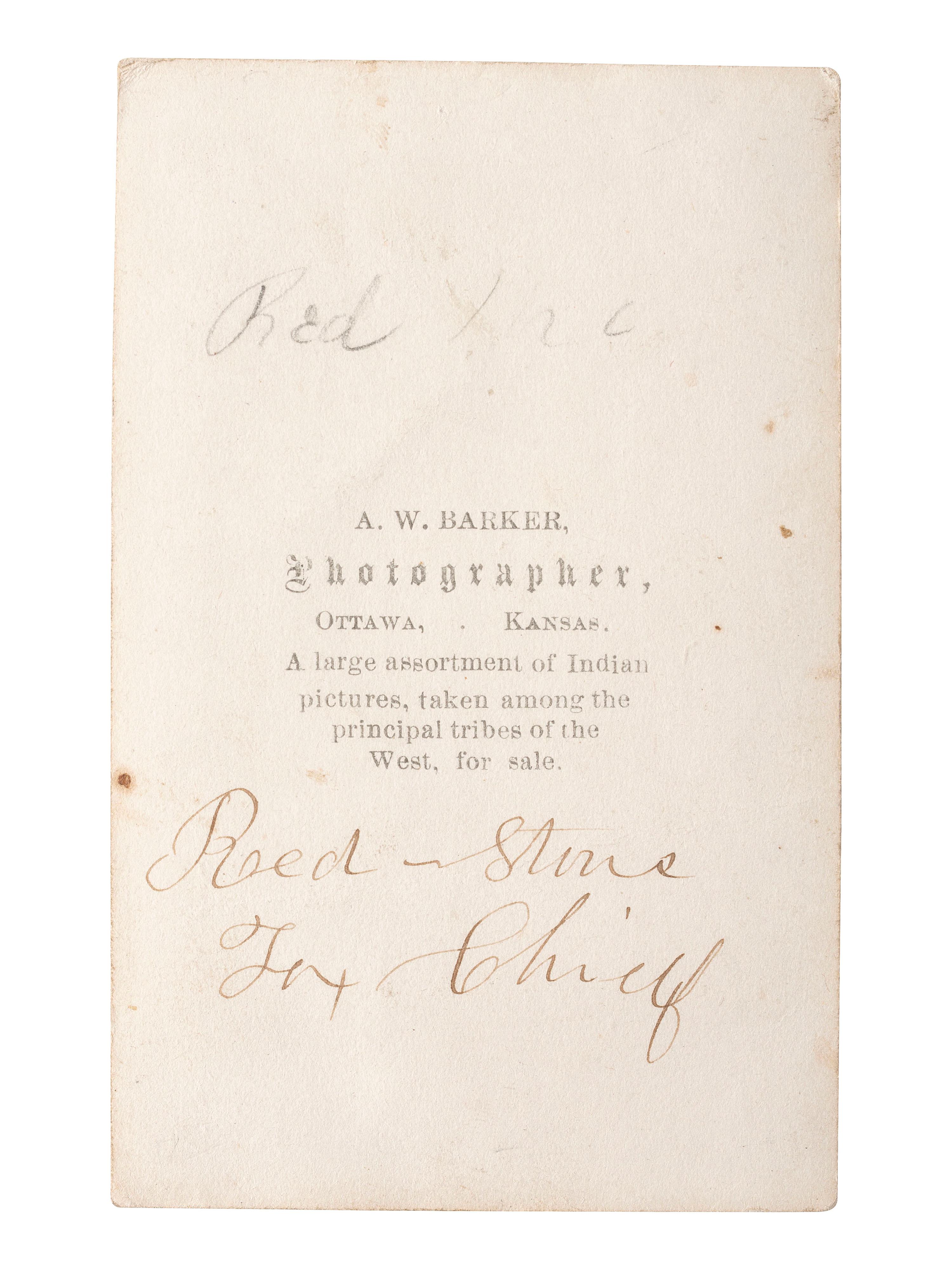 [NATIVE AMERICANS]. BARKER, A.W., photographer. Hand-colored CDV of Sac and Fox Chief, Red Stone. Ottawa, KS.