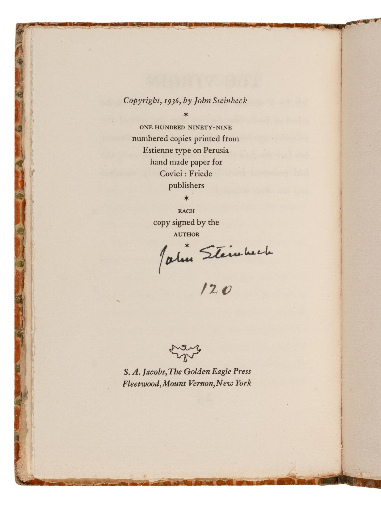 STEINBECK, John (1902-1968). Saint Katy the Virgin . Mount Vernon, New York: The Golden Eagle Press for Covici-Friede, 1936.