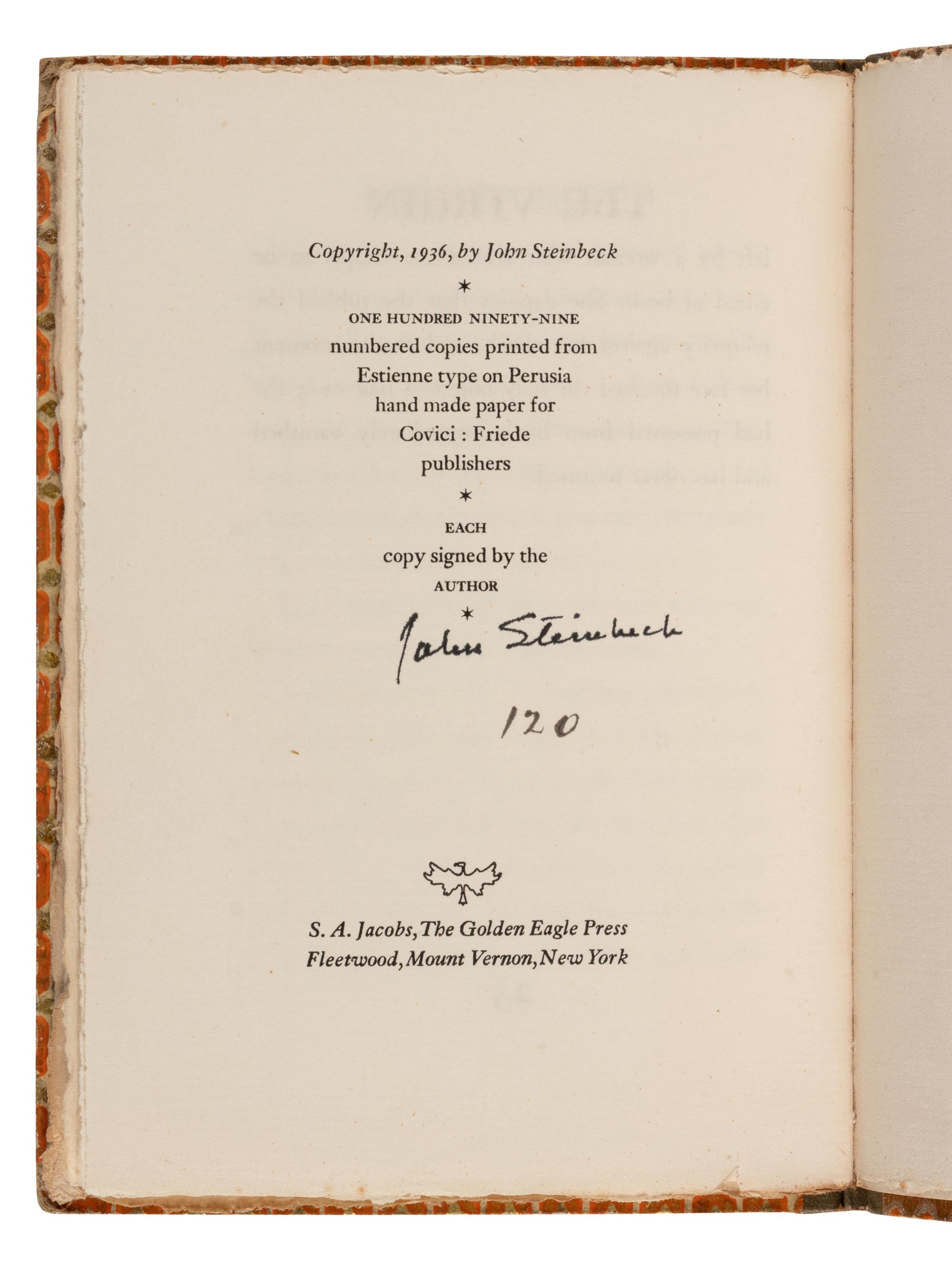 STEINBECK, John (1902-1968). Saint Katy the Virgin . Mount Vernon, New York: The Golden Eagle Press for Covici-Friede, 1936.