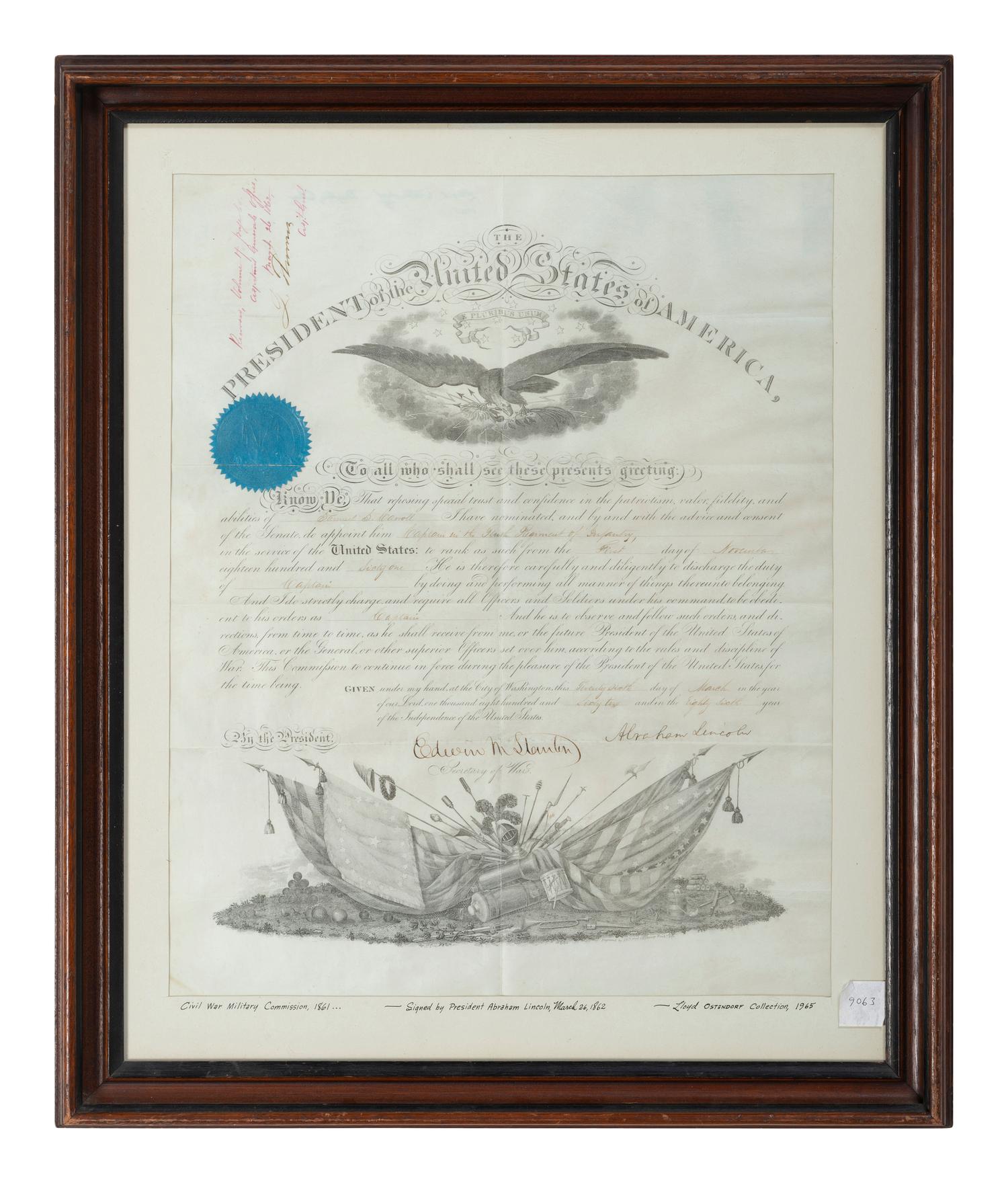LINCOLN, Abraham (809-1865). Partly-printed appointment signed ("Abraham Lincoln") as President of the United States. Washington, D.C., 26 March 1862.