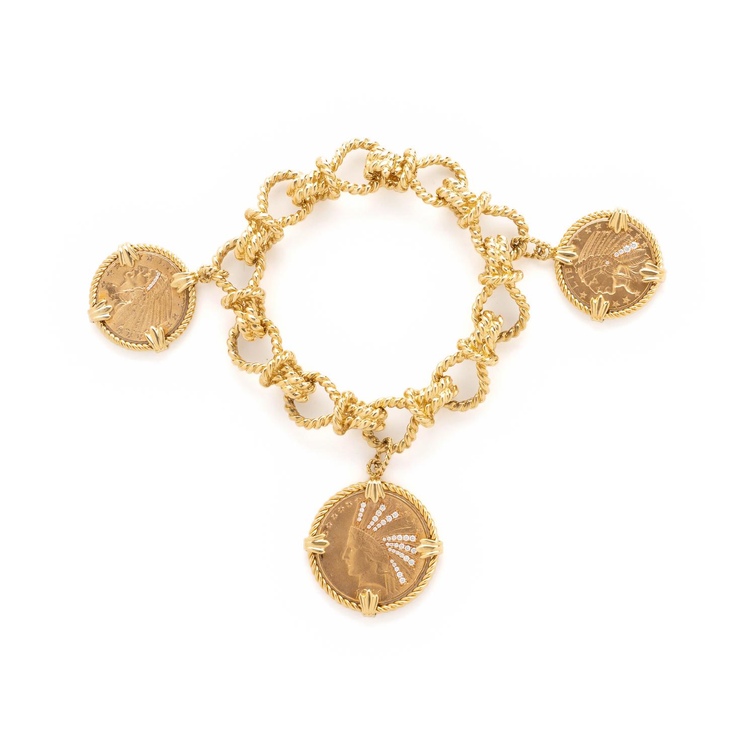VERDURA, YELLOW GOLD, COIN AND DIAMOND 'TWENTY BUCK' BRACELET