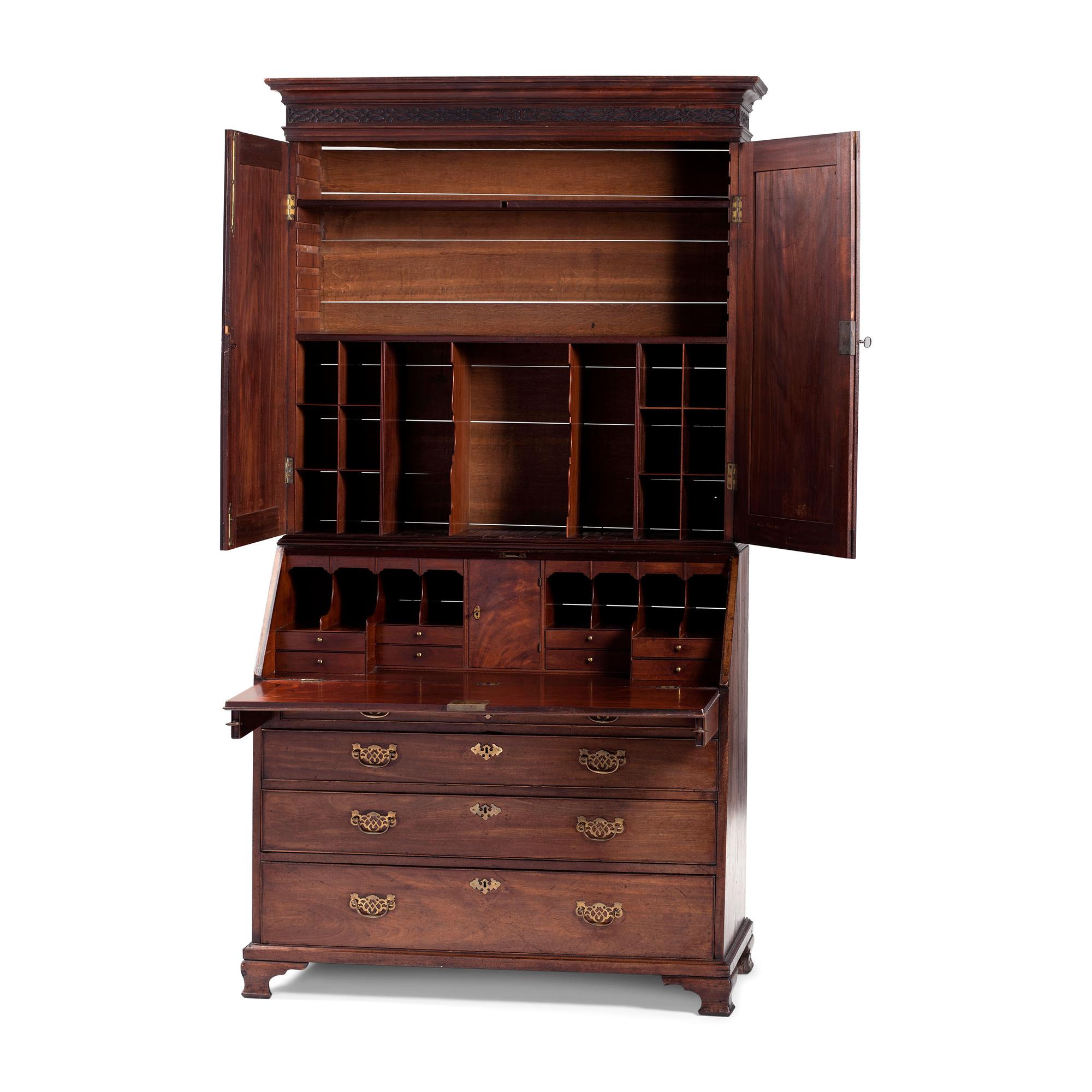 A George III Carved and Paneled Mahogany Secretary Bookcase
