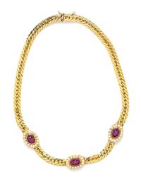 A 14 Karat Yellow Gold, Ruby and Diamond Necklace, 18.40 dwts.