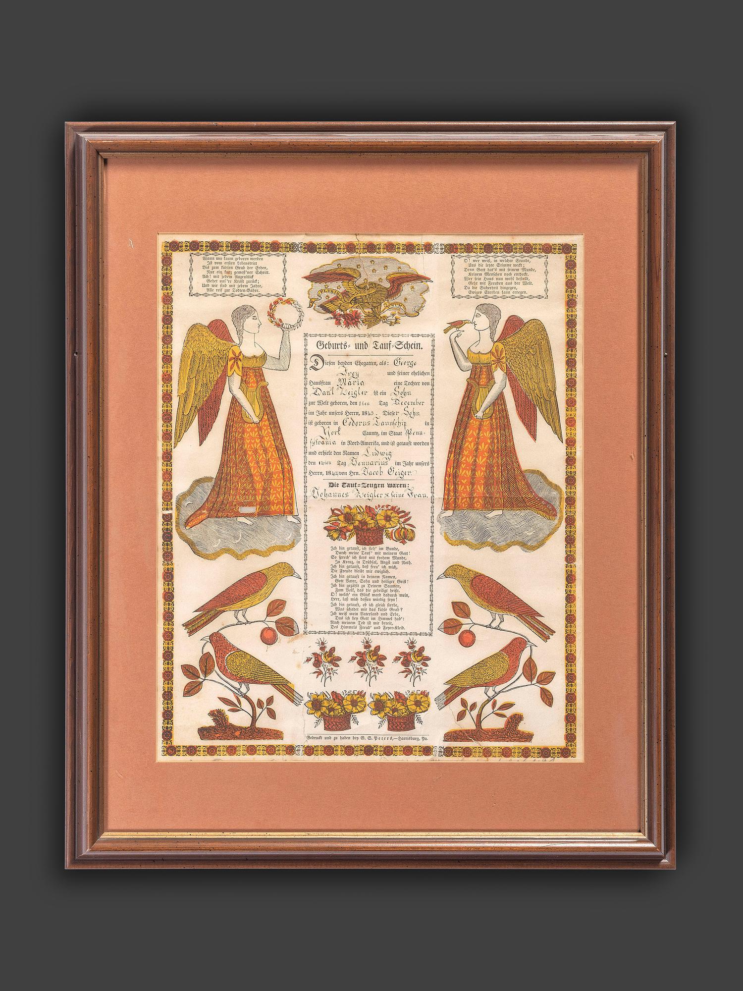 A Partially Printed and Watercolor Decorated Birth and Baptism Fractur Identified to George Frey