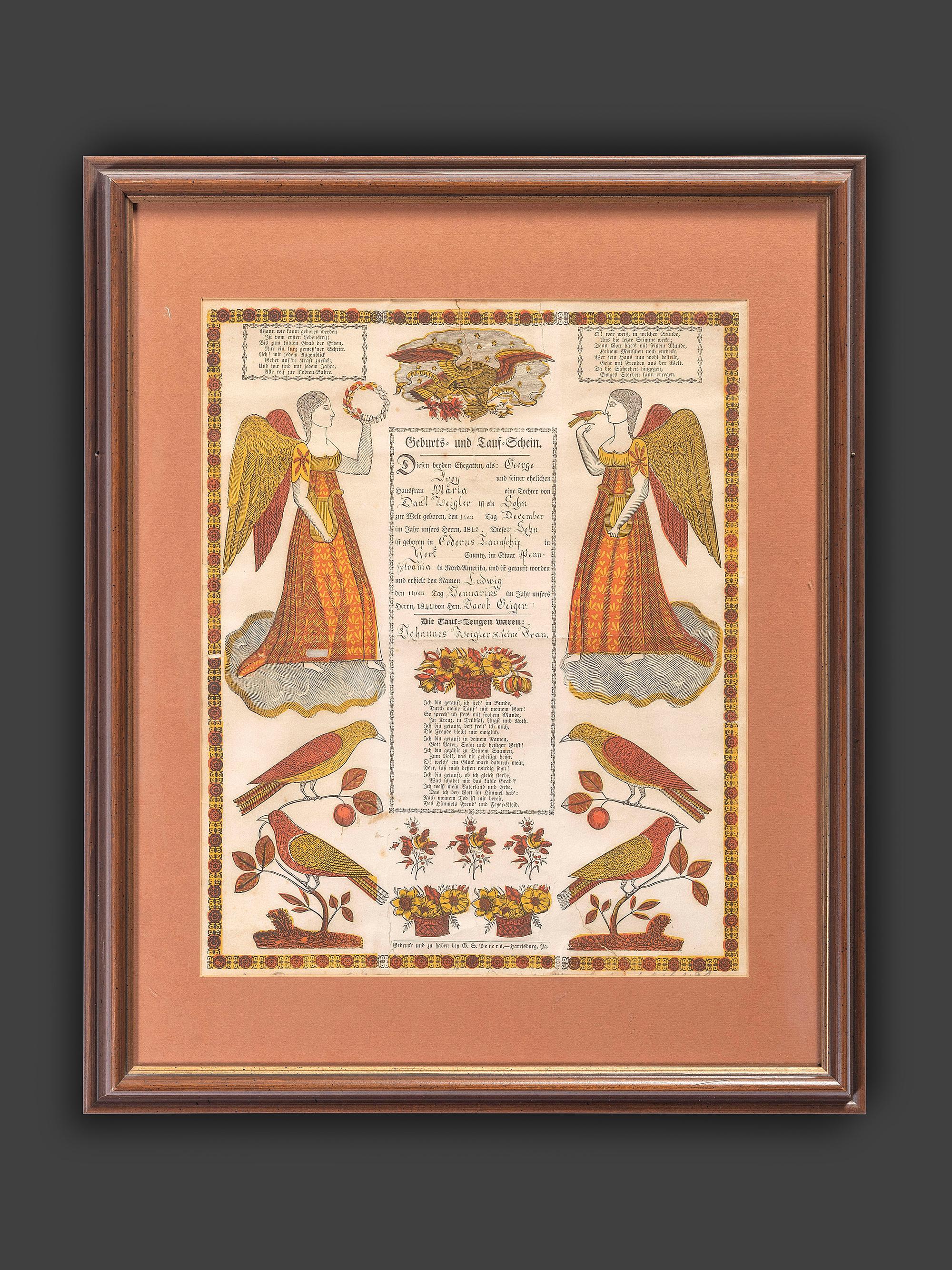 A Partially Printed and Watercolor Decorated Birth and Baptism Fractur Identified to George Frey