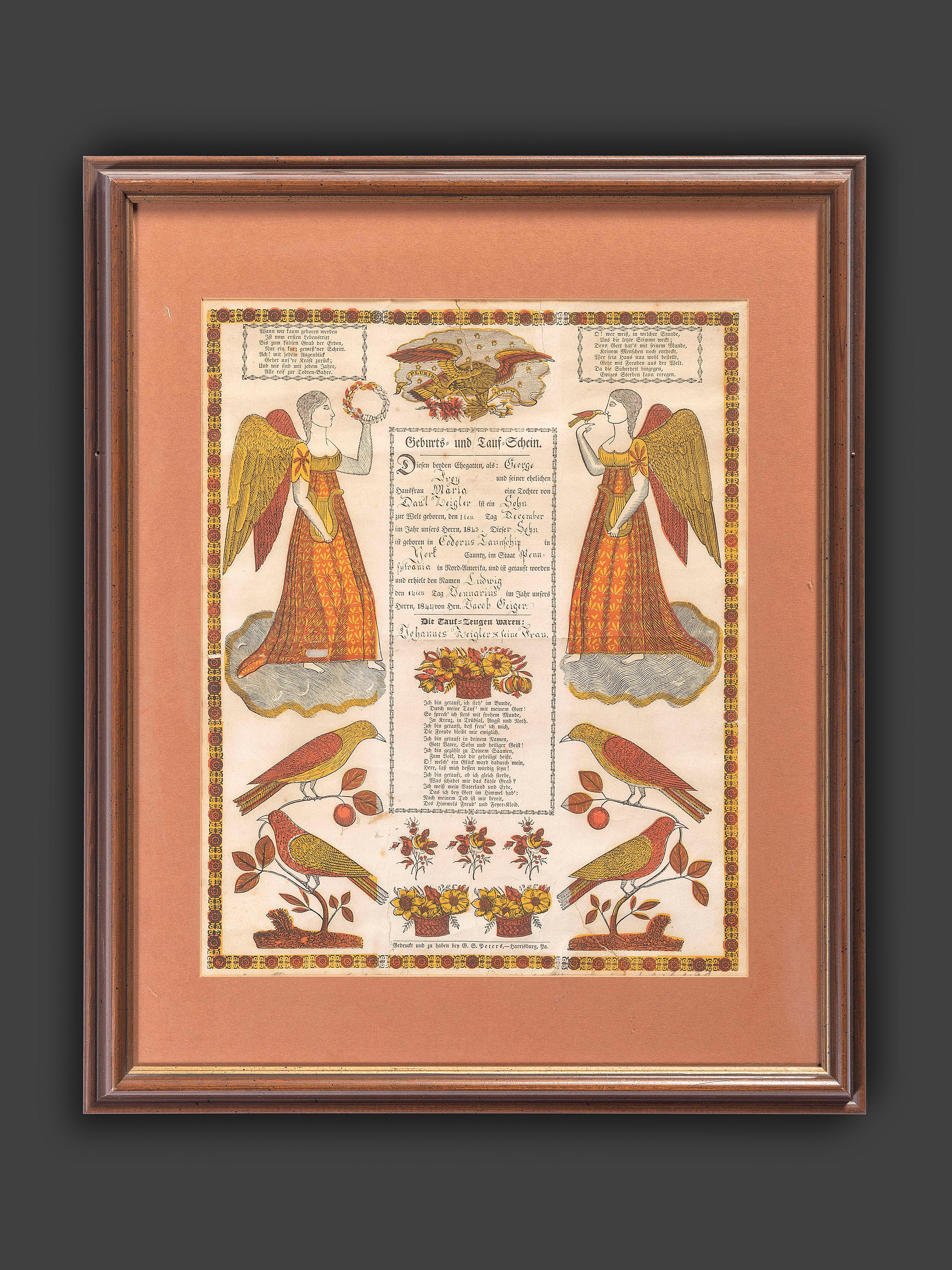 A Partially Printed and Watercolor Decorated Birth and Baptism Fractur Identified to George Frey