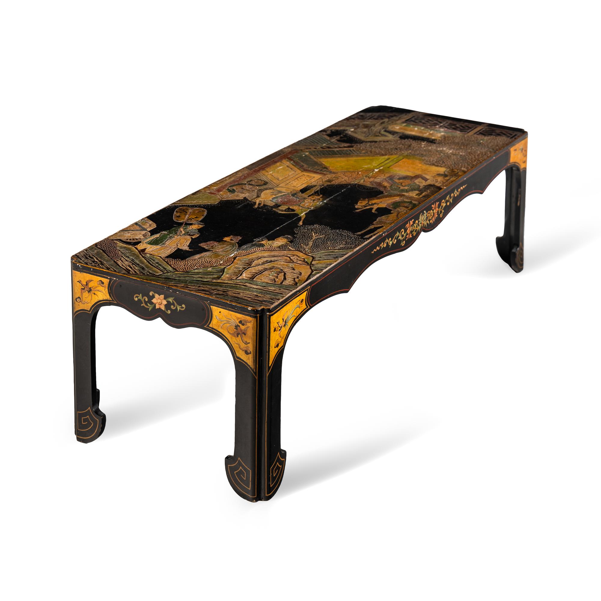 A Chinese Black and Polychrome Lacquered Low Table, 18th-19th Century 清中期 黑地款彩人物故事漆屏改炕案