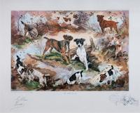 Four Works of Art depicting Terriers Largest: 18 x 23 3/4 inches.