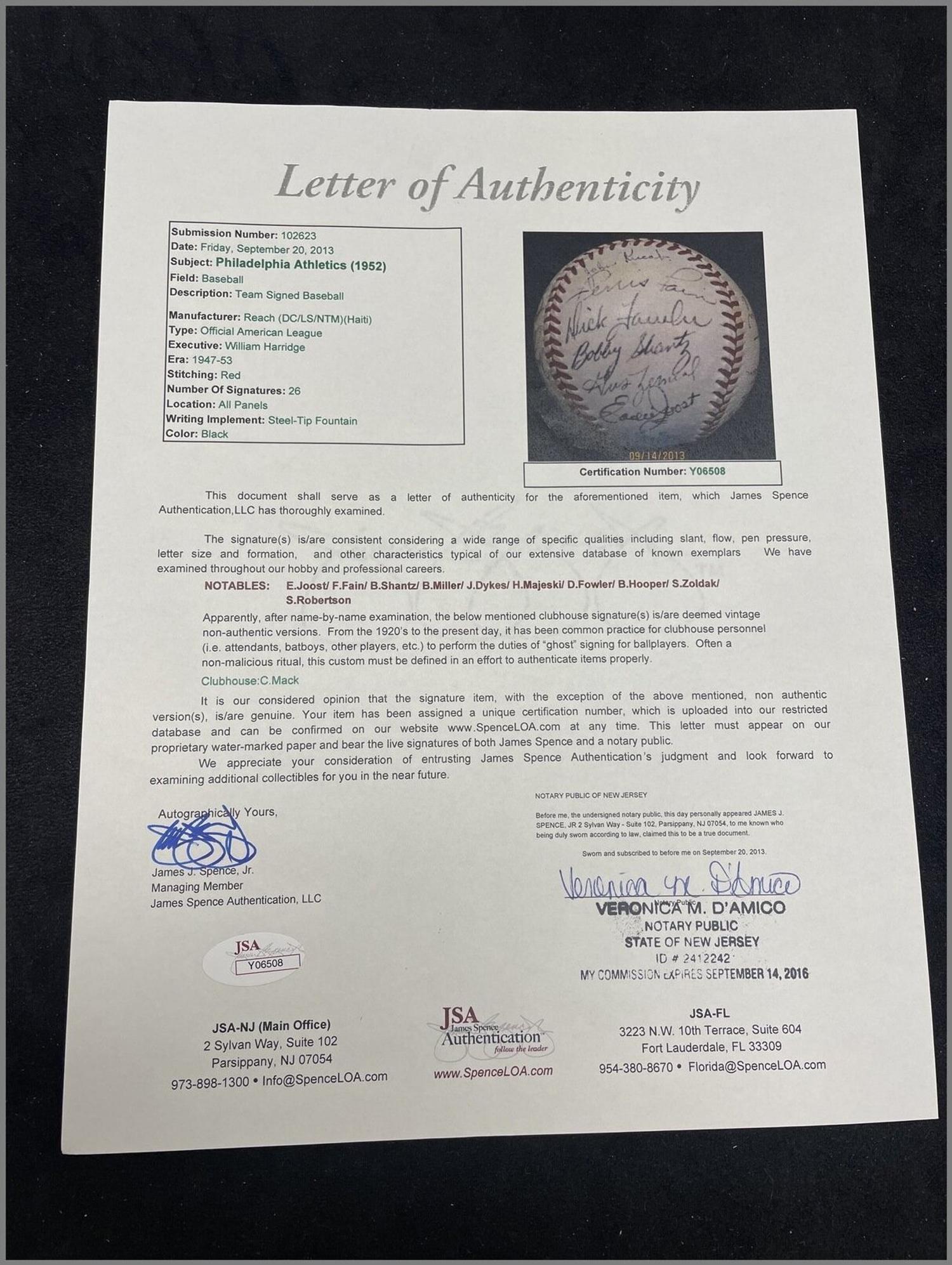 A 1952 Philadelphia Athletics Team Signed Autograph Baseball (JSA Letter of Authenticity)
