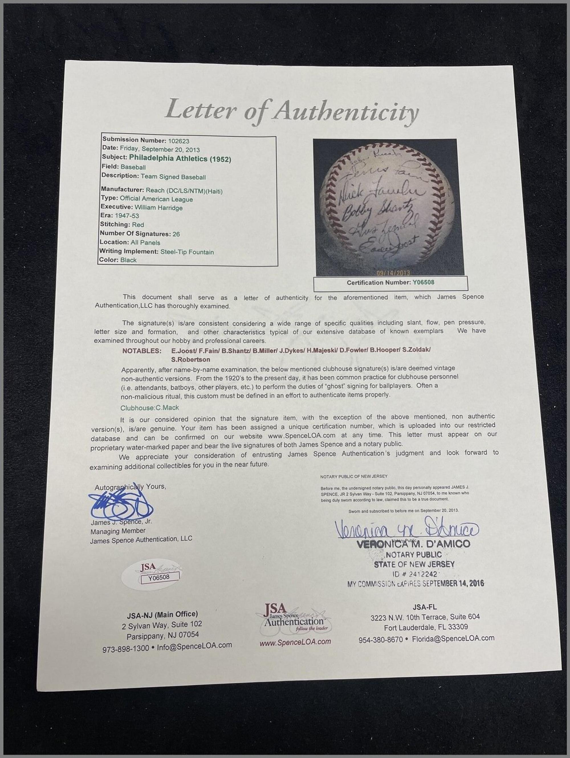 A 1952 Philadelphia Athletics Team Signed Autograph Baseball (JSA Letter of Authenticity)