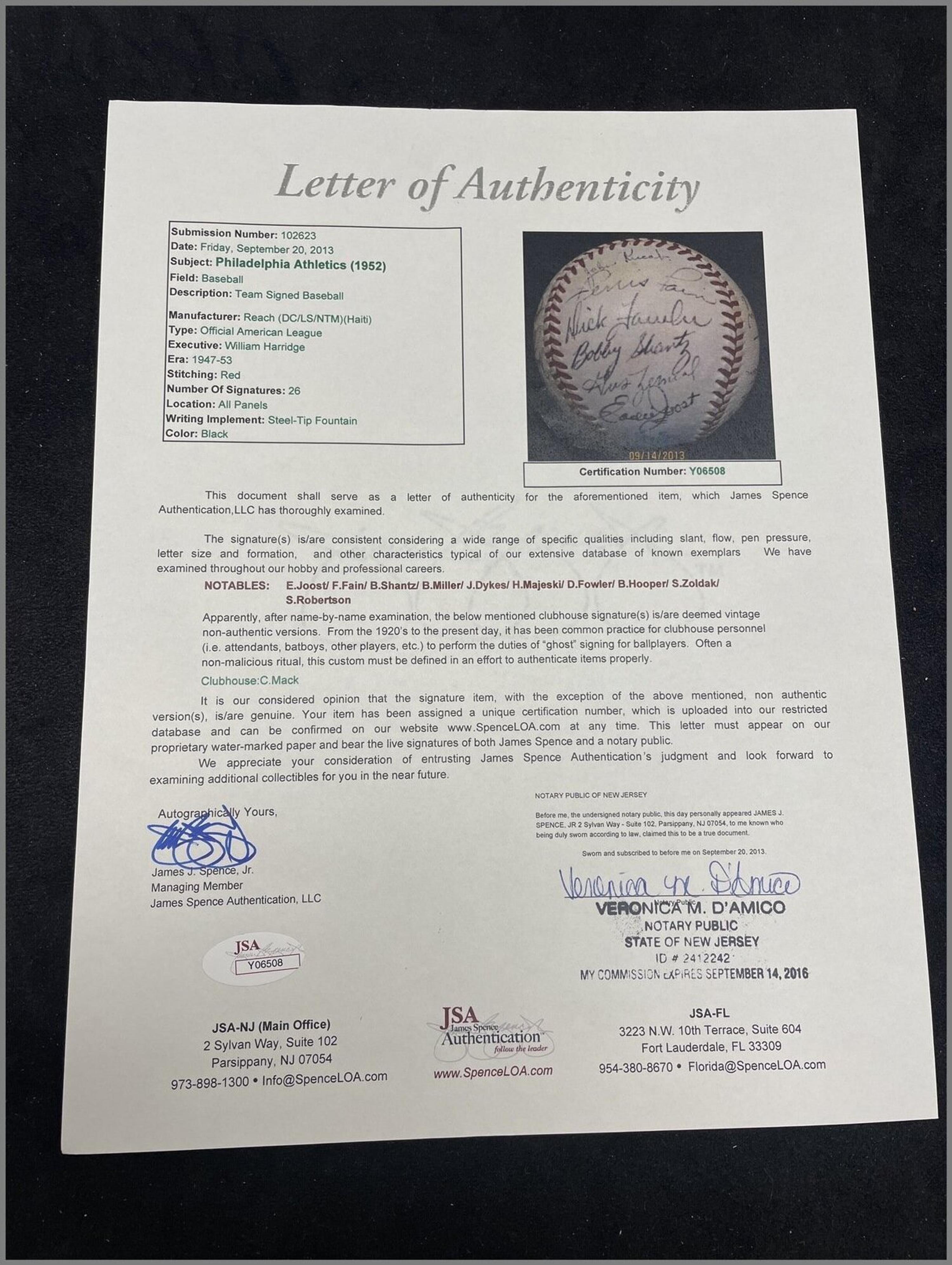 A 1952 Philadelphia Athletics Team Signed Autograph Baseball (JSA Letter of Authenticity)