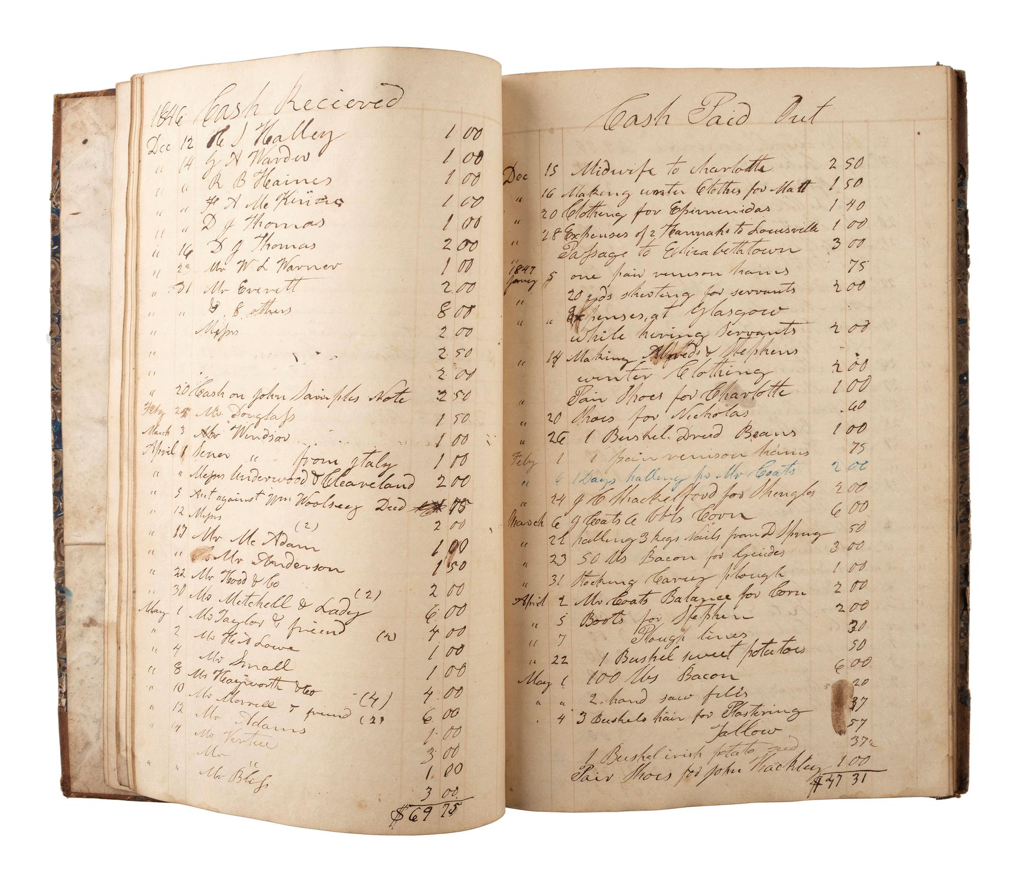 [KENTUCKY - MAMMOTH CAVE]. CROGHAN, John (1790-1849). Mammoth Cave Acct. Book. Manuscript ledger. Mammoth Cave, KY, 20 May 1846-16 June 1848.