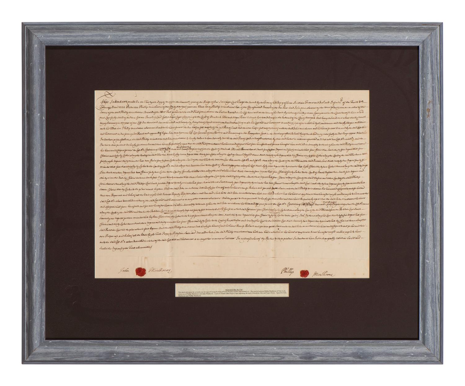 [NEW YORK]. Colonial-era manuscript indentures for property near Wall Street, 1694-1743.