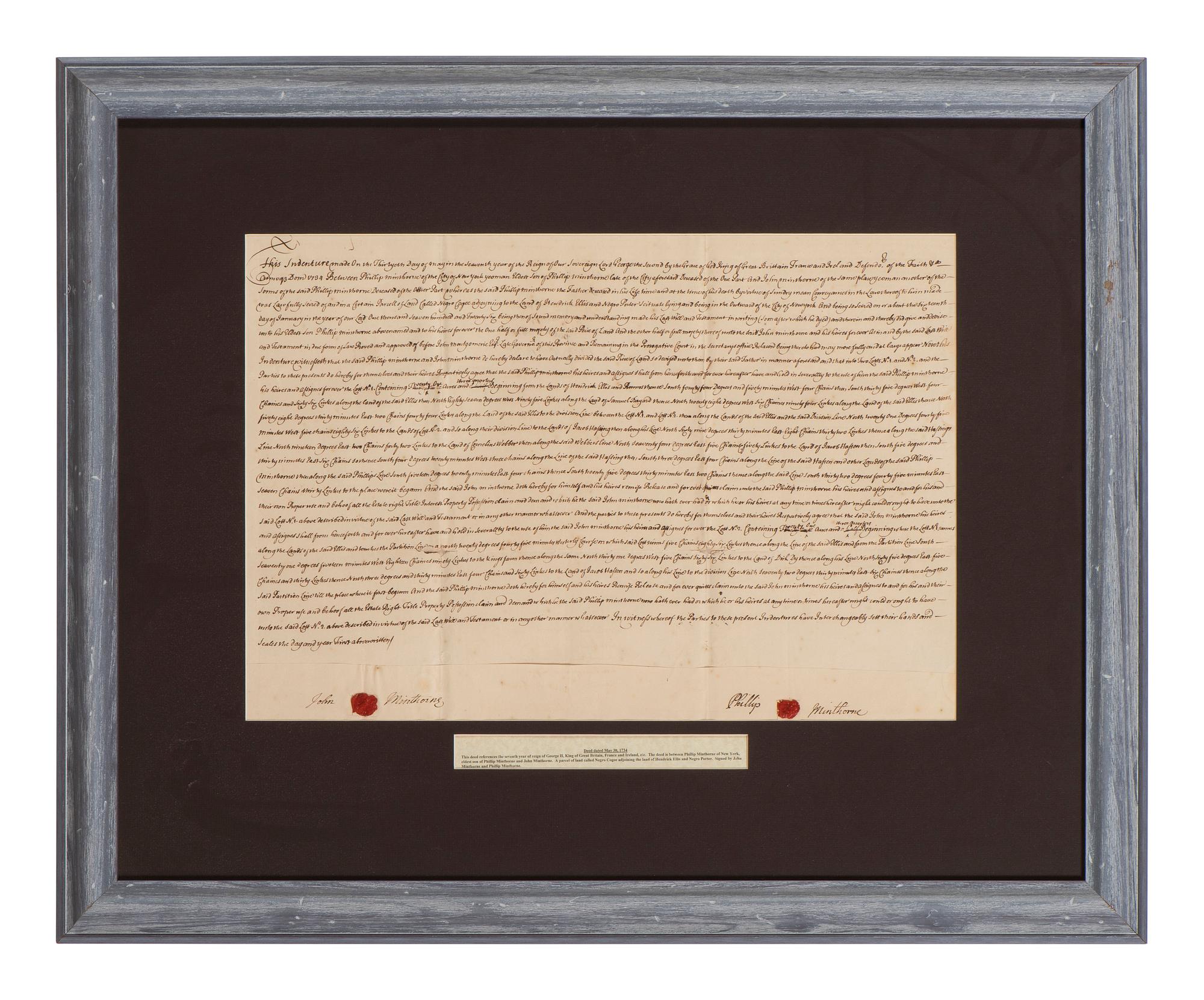 [NEW YORK]. Colonial-era manuscript indentures for property near Wall Street, 1694-1743.