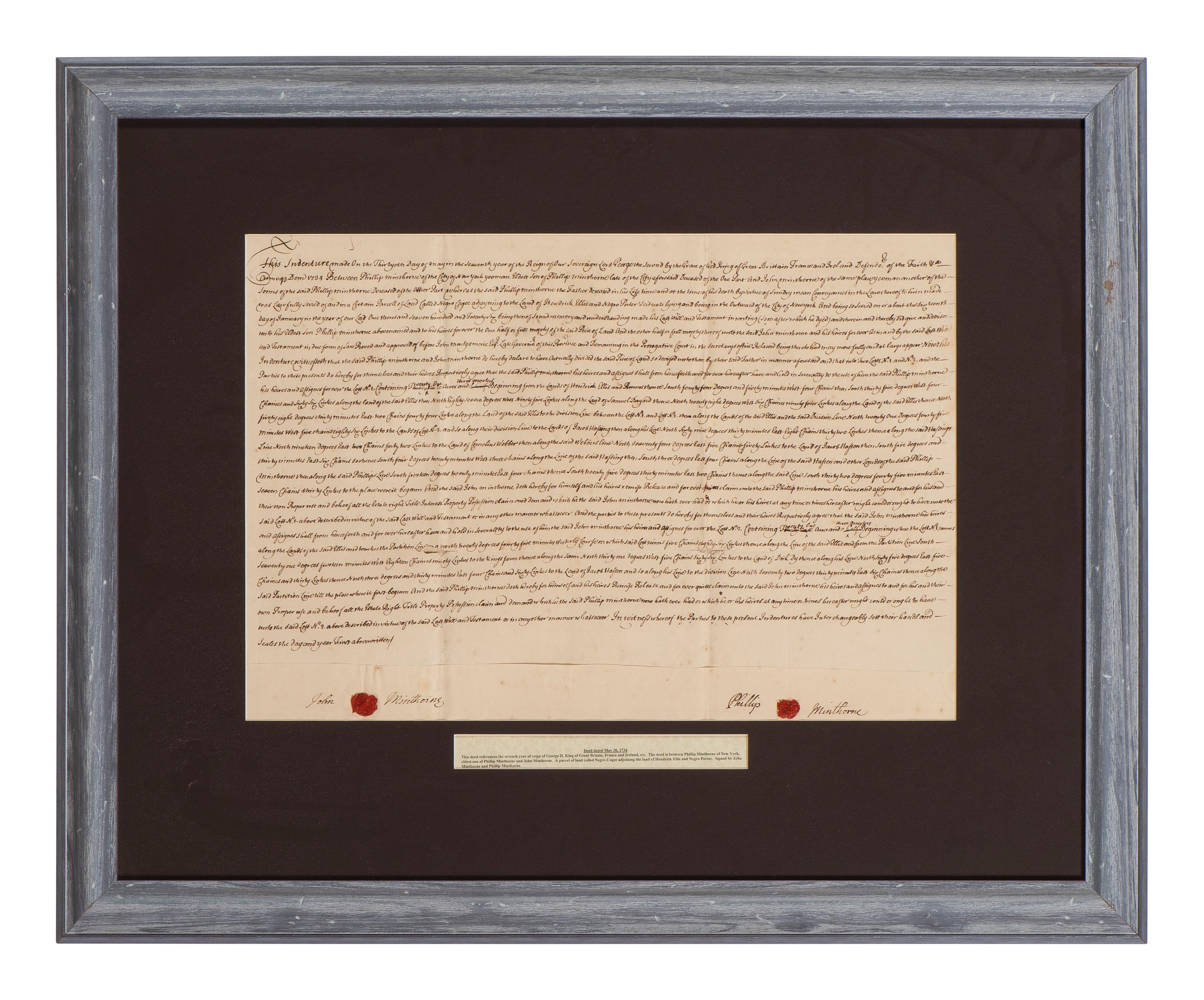 [NEW YORK]. Colonial-era manuscript indentures for property near Wall Street, 1694-1743.