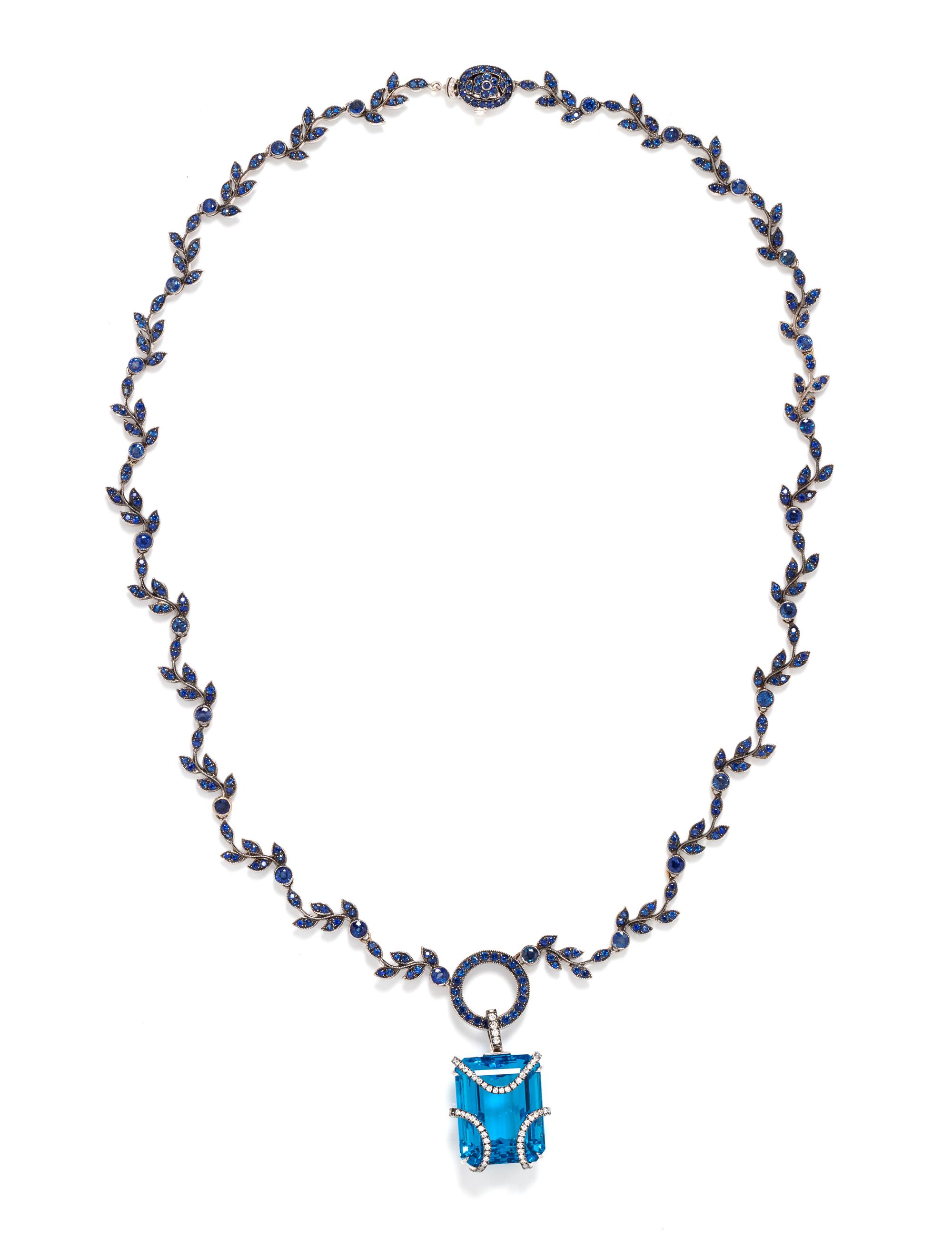 BLUE TOPAZ, DIAMOND AND SAPPHIRE NECKLACE