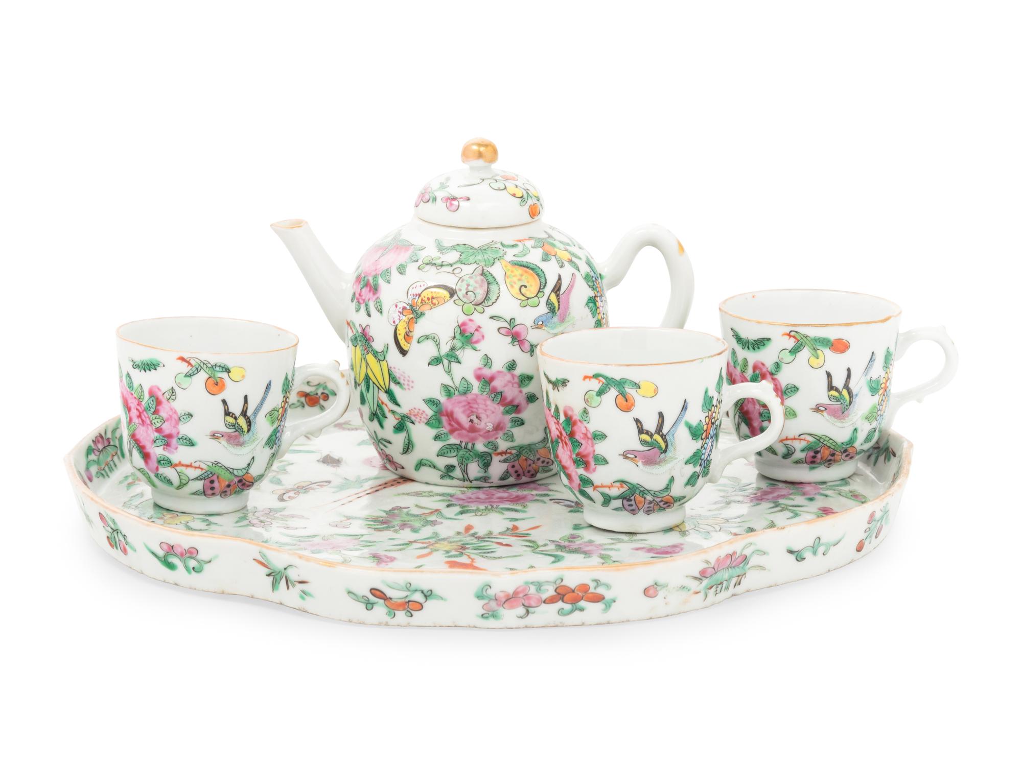 A Five-Piece Famille Rose Porcelain 'Butterfly' Tea Set