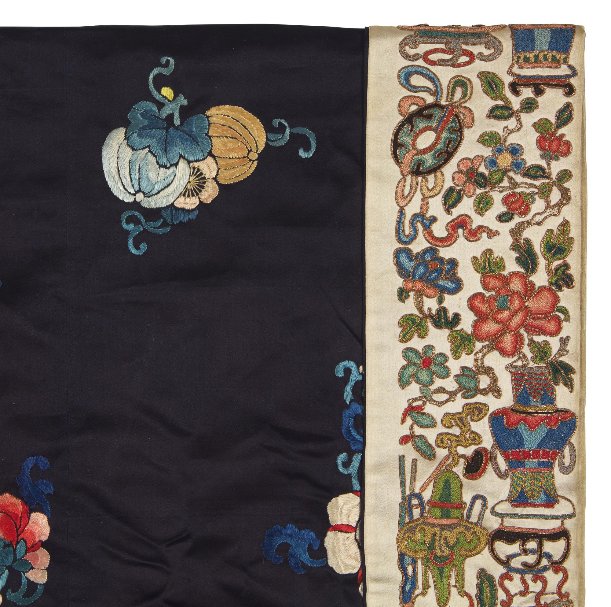 A Chinese Embroidered Midnight Blue Silk Lady's Robe, Late Qing Dynasty 晚清 深藍地繡瓜瓞綿綿女袍
