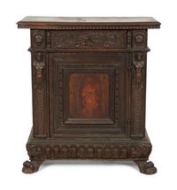 An Italian Carved Walnut Side Cabinet with Marquetry Panel Door