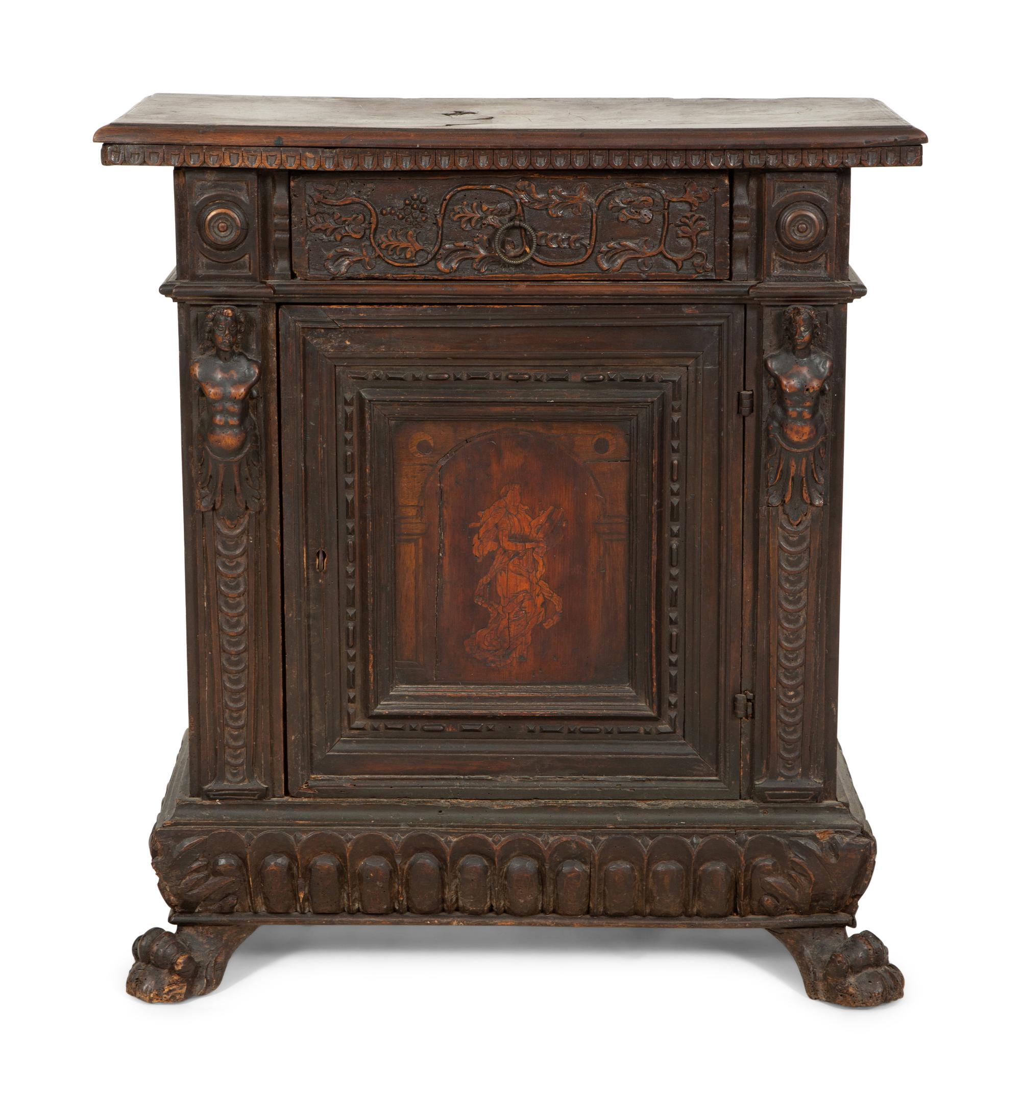 An Italian Carved Walnut Side Cabinet with Marquetry Panel Door