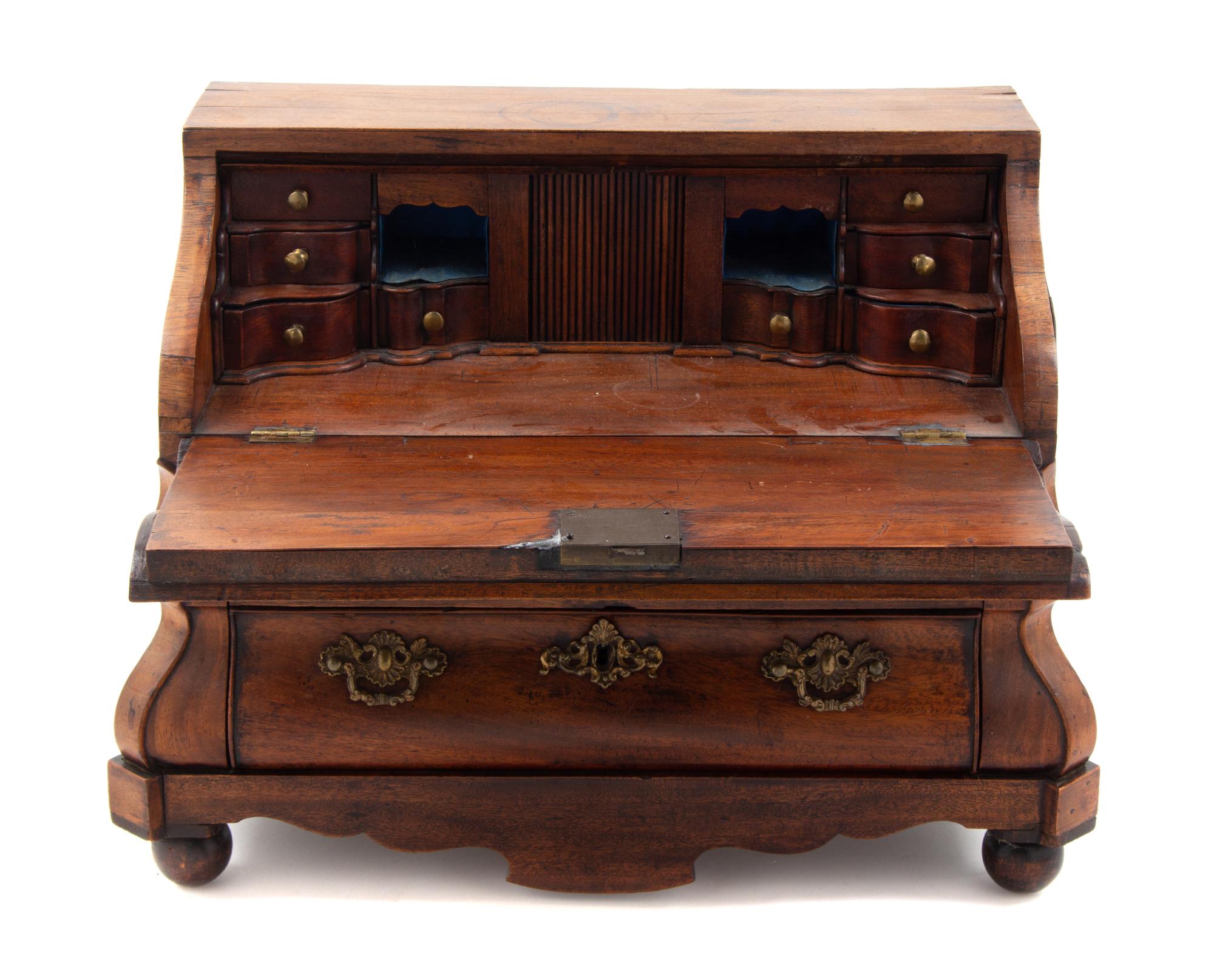 A Diminutive Dutch Oak and Mahogany Bureau Height 14 x width 19 x depth 9 1/2 inches. — 18TH/19TH CENTURY