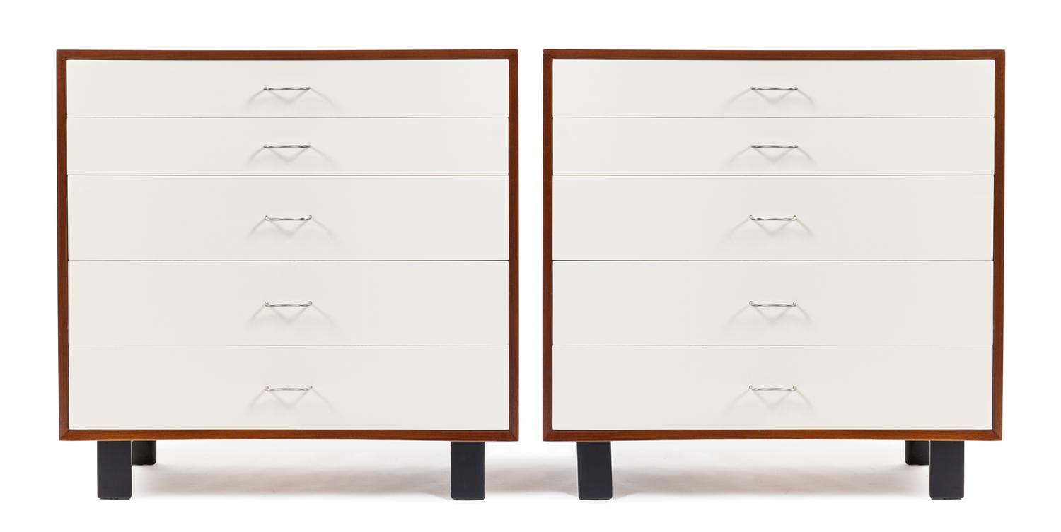 A Pair of George Nelson for Herman Miller Laminated Walnut Chests of Drawers Height 40 x width 40 x depth 18 1/1 inches.