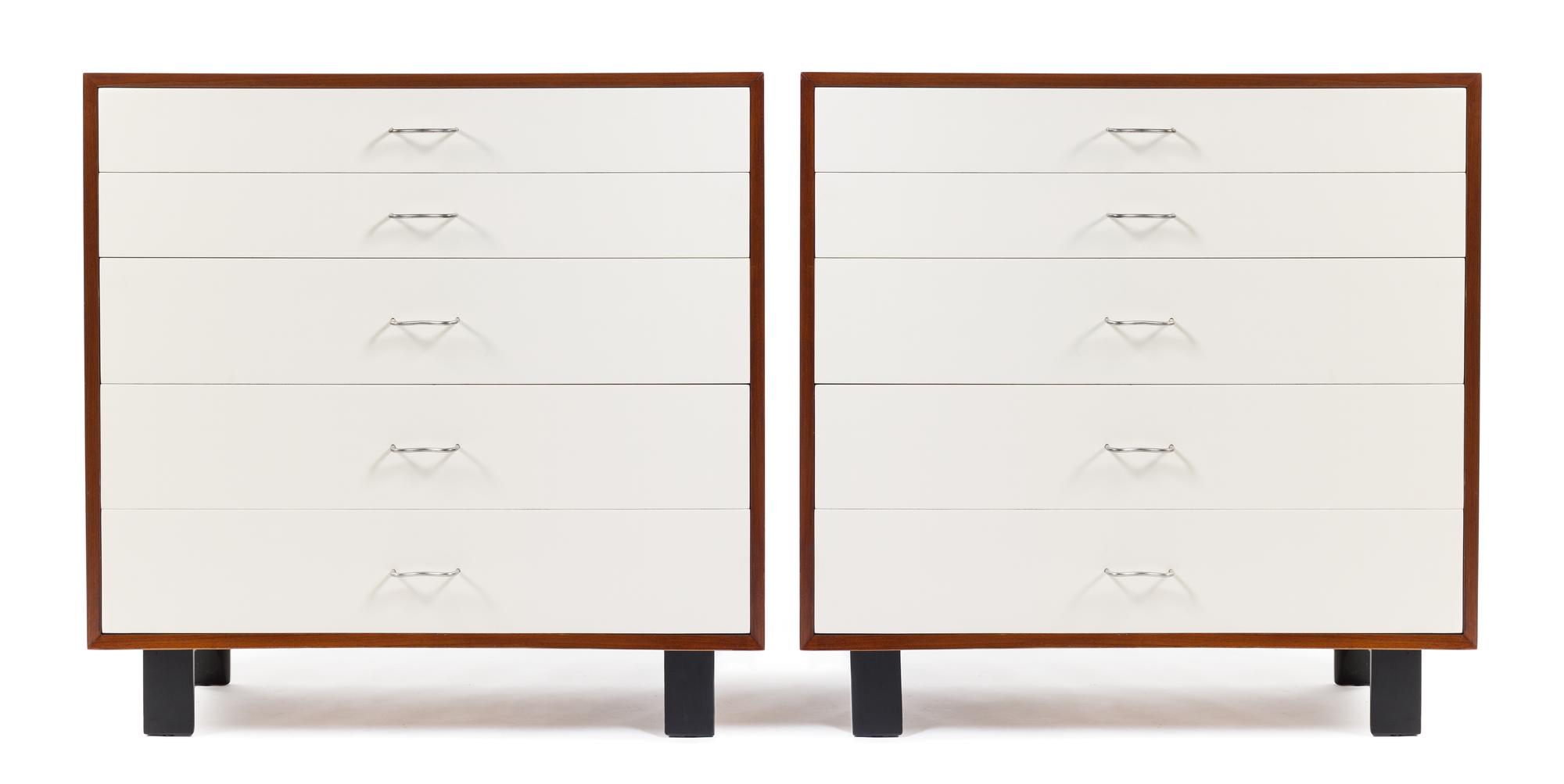 A Pair of George Nelson for Herman Miller Laminated Walnut Chests of Drawers Height 40 x width 40 x depth 18 1/1 inches.