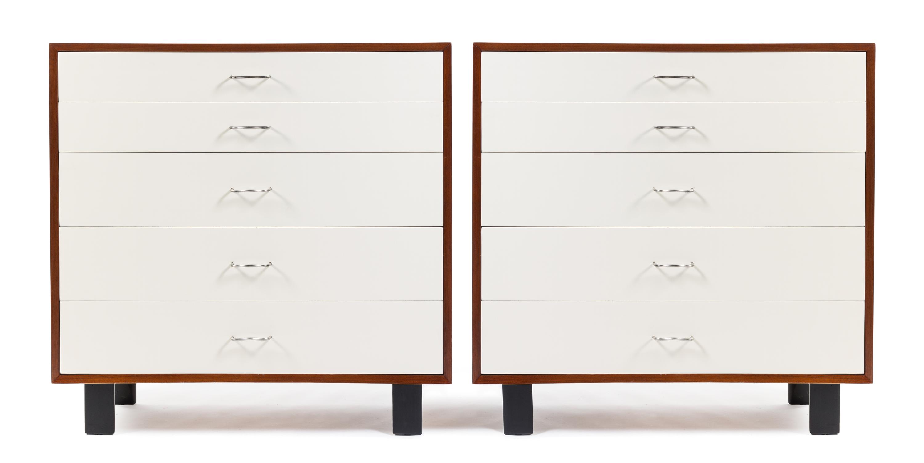 A Pair of George Nelson for Herman Miller Laminated Walnut Chests of Drawers Height 40 x width 40 x depth 18 1/1 inches.